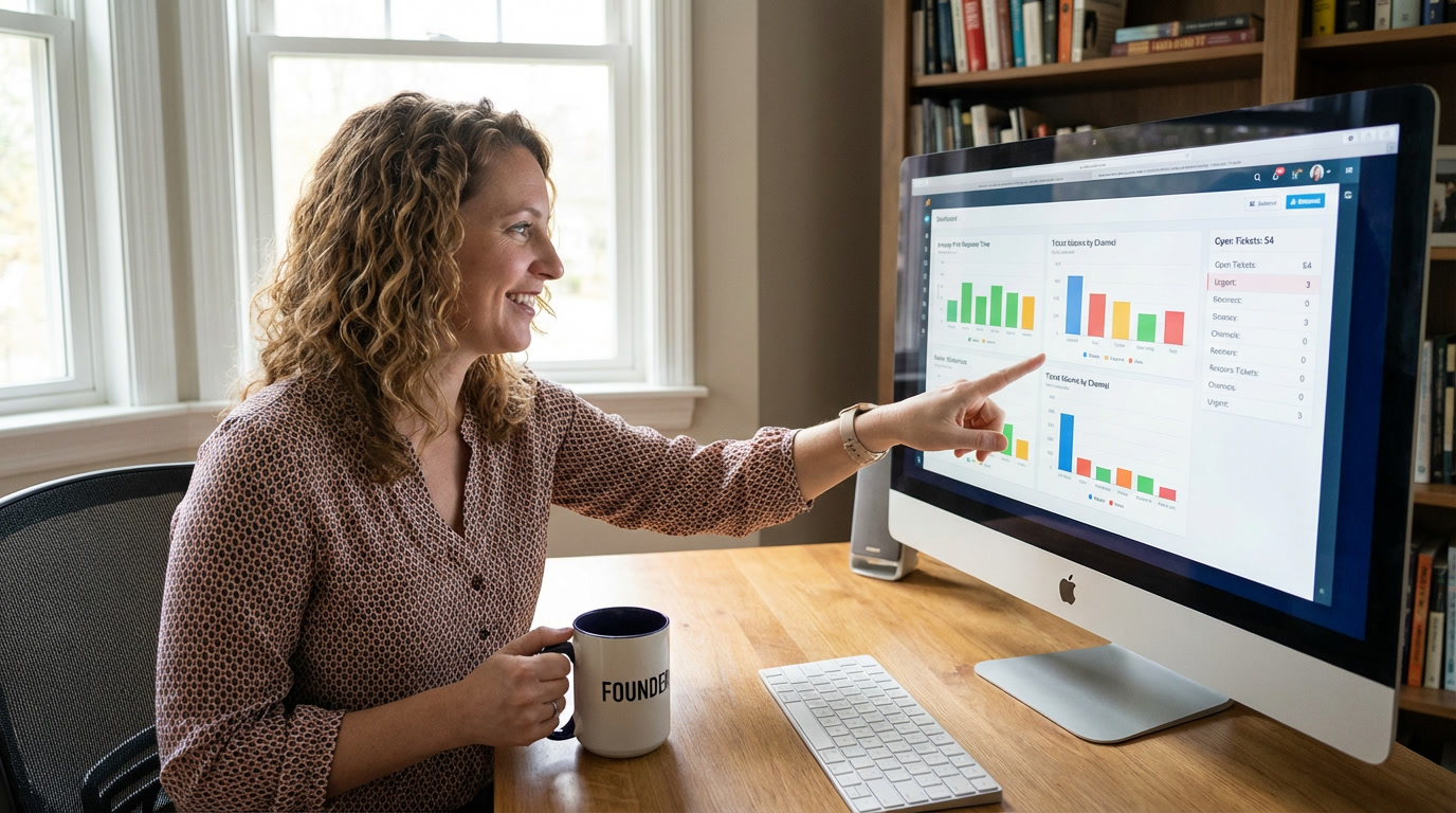 Small business founder reviewing customer support dashboard showing email response metrics and support ticket queue management
