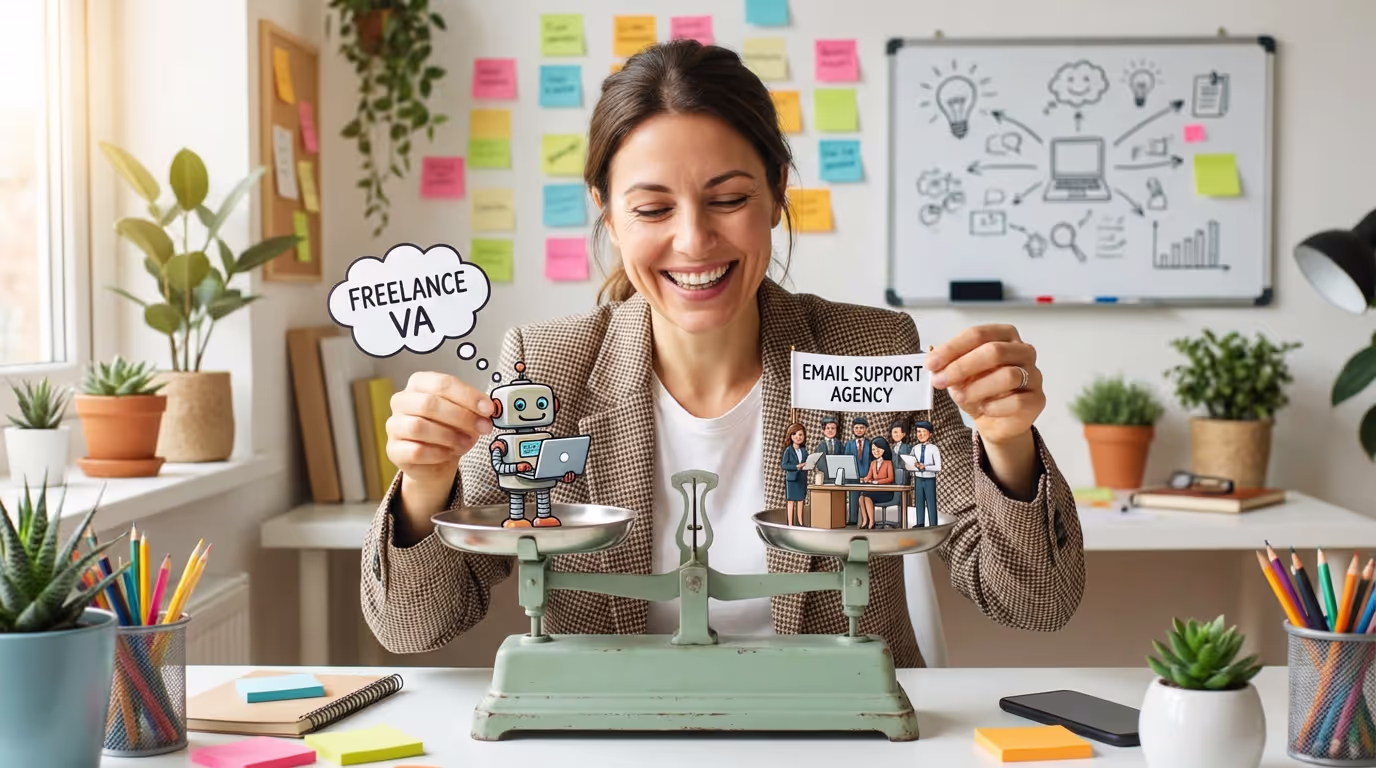 Business owner weighing decision between hiring freelance virtual assistant or partnering with customer support agency for email customer service coverage and reliability