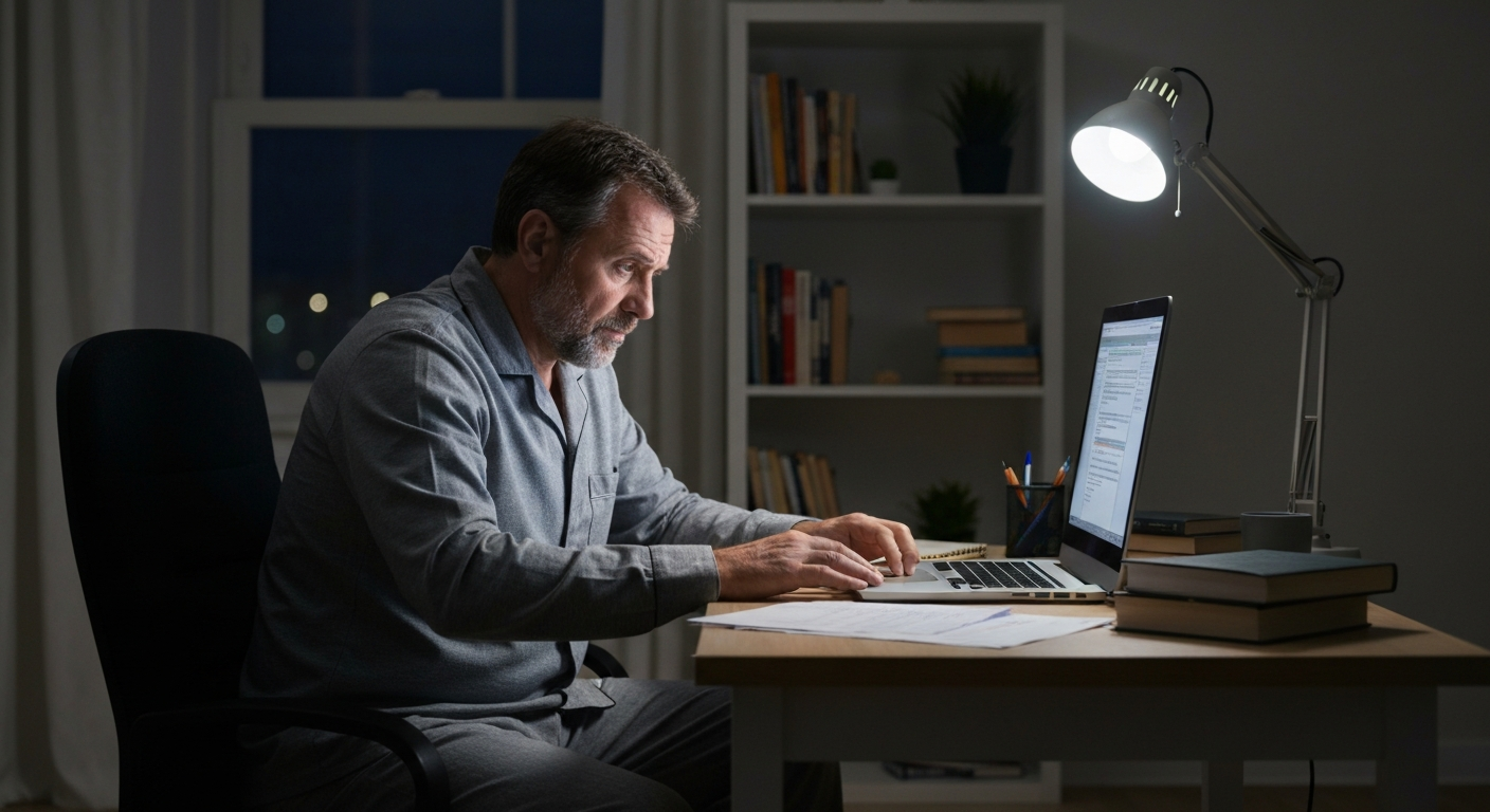 Businessman Tired at Night Realizing to Outsource Customer Support Service Businessman replying to emails late at night, looking tired, realizing he needs to outsource customer support service.