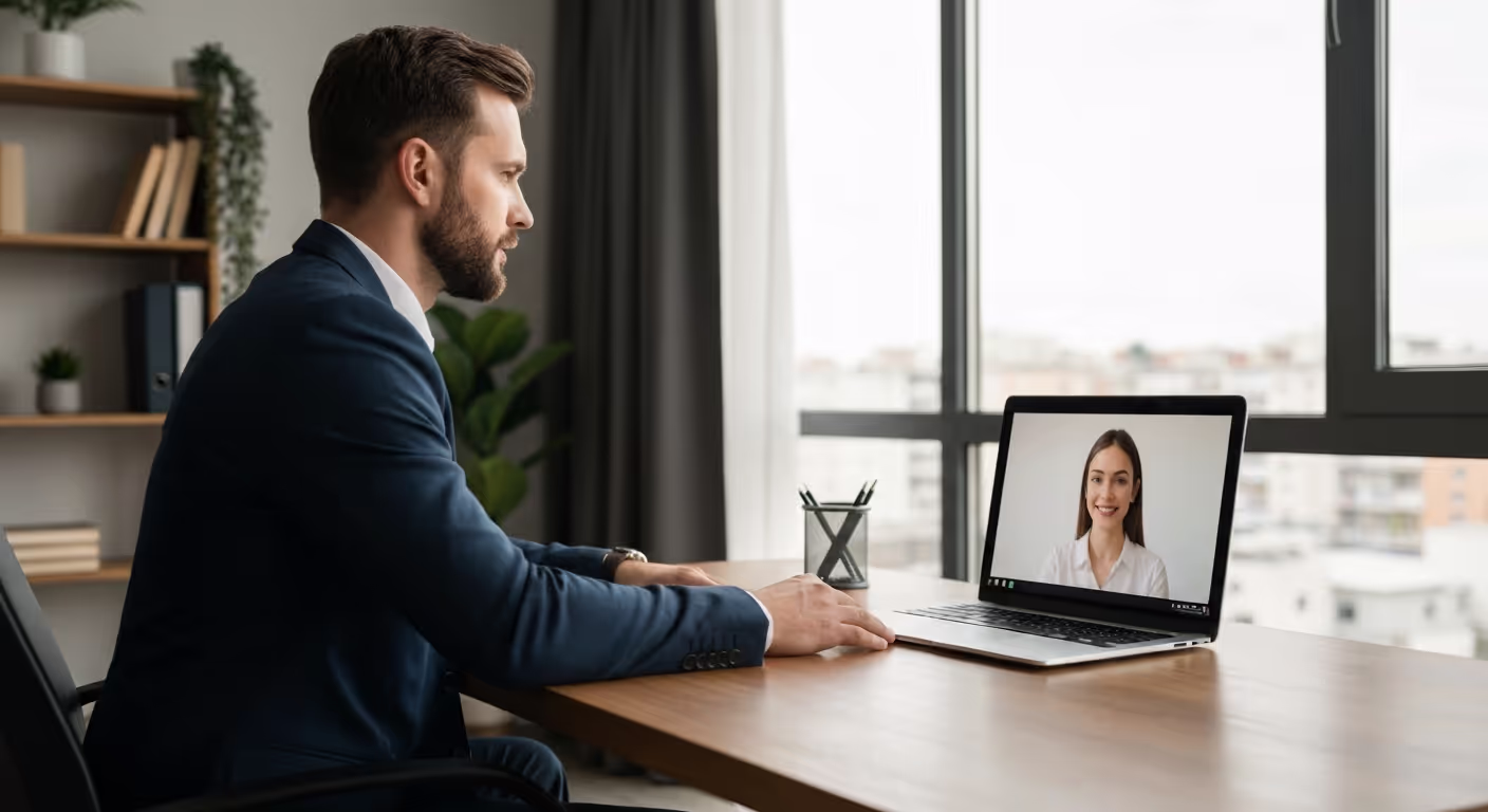Businessman Conducting Online Interview for Prospective Outsource Customer Support Businessman doing an online interview of his prospective outsource customer support candidate.