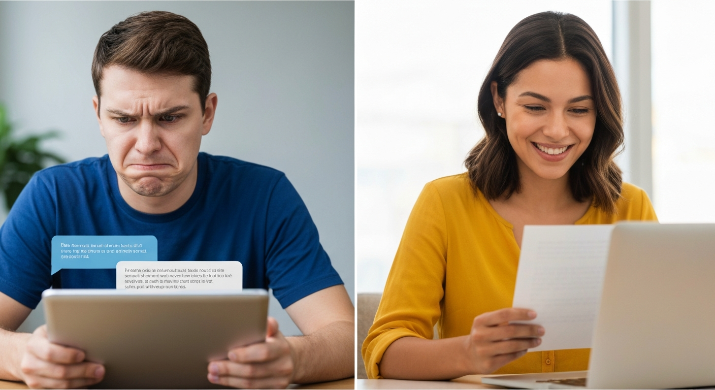 Small business owner reading empathetic customer support email from real human agent on laptop screen
