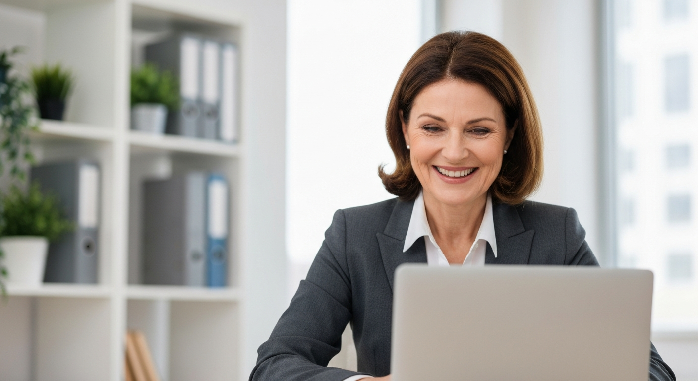 Businesswoman looking happy and satisfied while using laptop, experiencing efficient human customer support and automation.