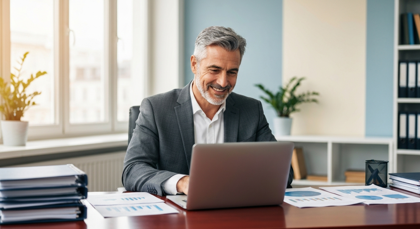 Businessman looking happy while reviewing business reports on laptop, receiving excellent human customer support in Evergreen Support office.