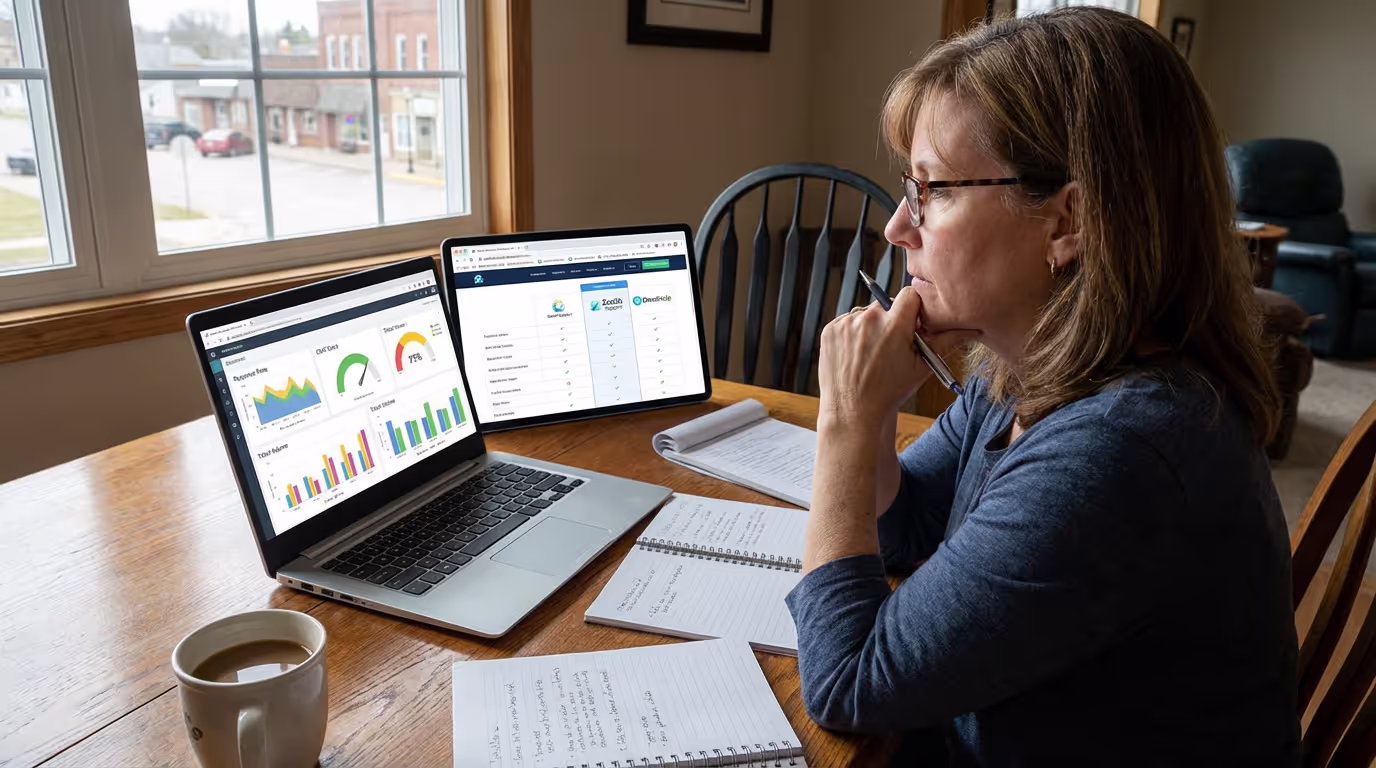 Small business founder reviewing customer support metrics on laptop while evaluating customer support agency options