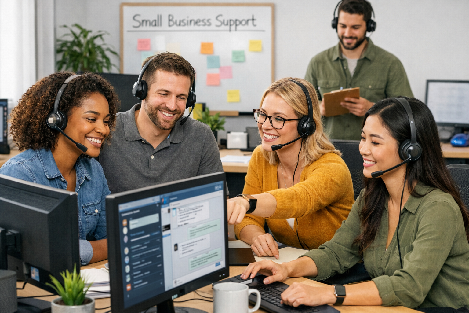 Customer care agency for small businesses support specialists collaborating at workstations