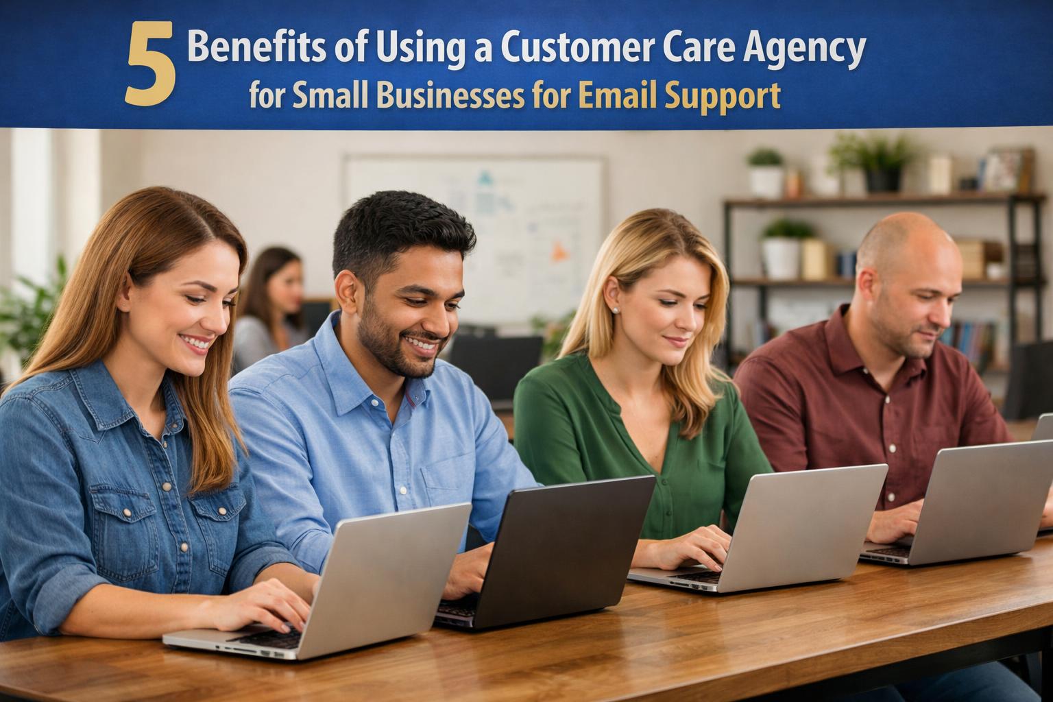Customer care agency for small businesses team handling email support on laptops