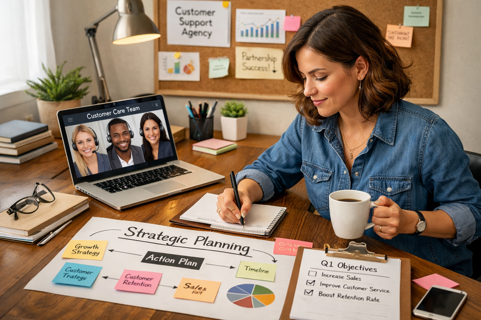 Small business founder working on strategic planning after hiring customer care agency