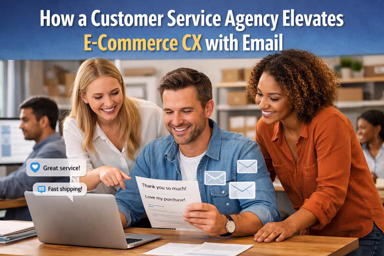 E-commerce founder reviewing positive customer emails with support from customer service agency, representing elevated e-commerce email support and improved CX - e-commerce customer service agency