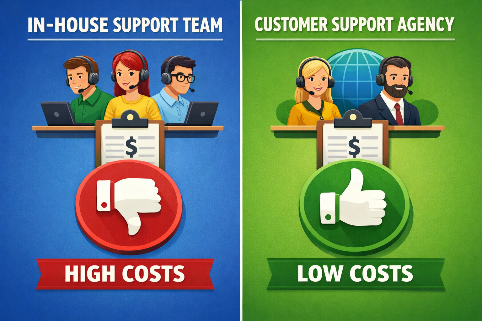 Detailed cost comparison chart showing customer support agency saves 30-60% versus in-house support team expenses