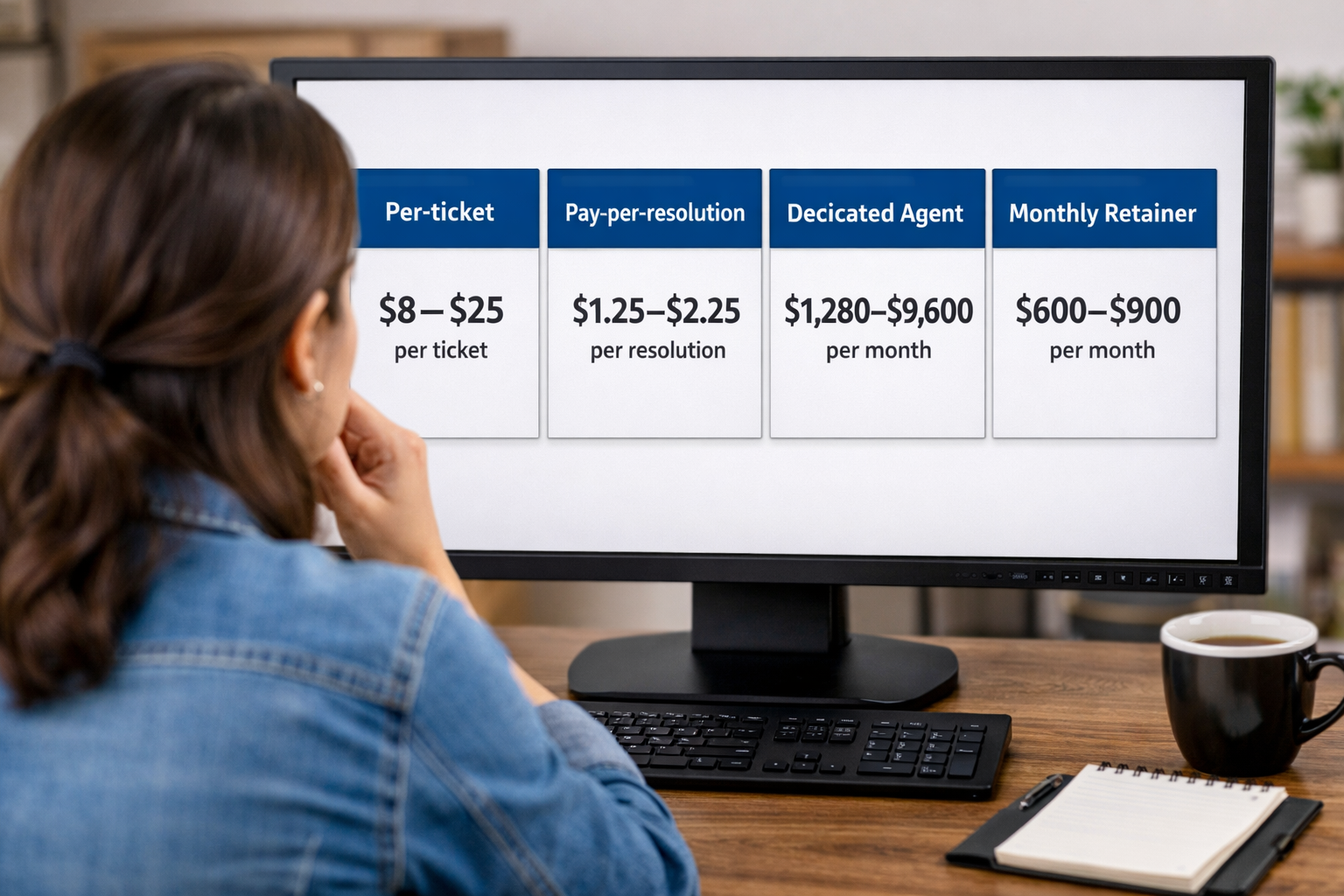 Side-by-side comparison of customer support outsourcing pricing models showing per-ticket, per-resolution, dedicated agent, and retainer options