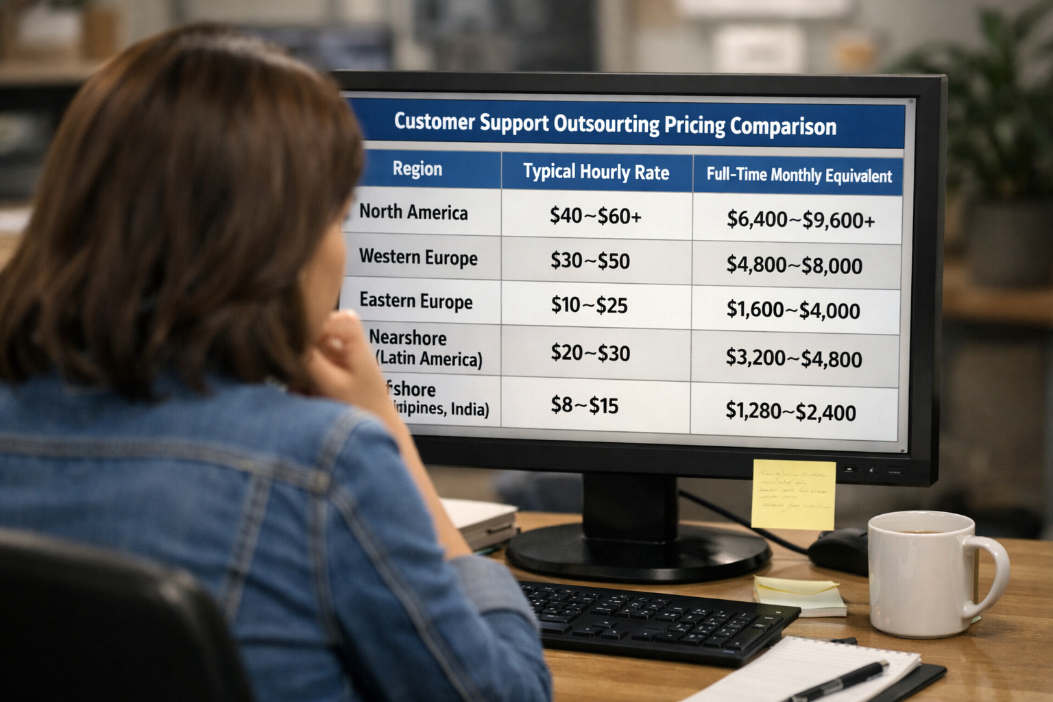 Table showing customer support outsourcing pricing differences across North America, Europe, Latin America, Philippines, and India