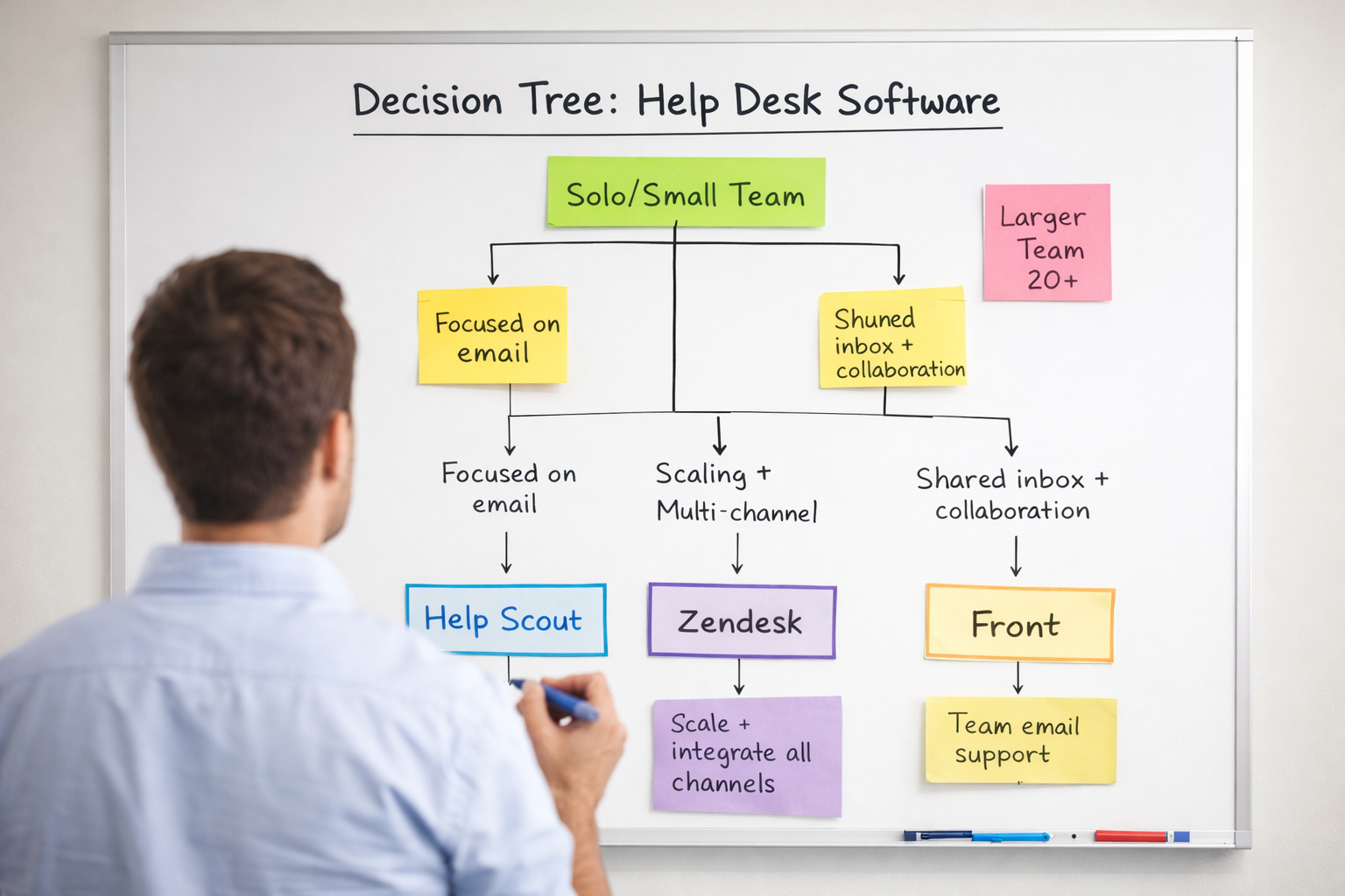 Help Desk Selection Framework by Team Stage Decision tree showing which help desk software fits different small business team stages and sizes