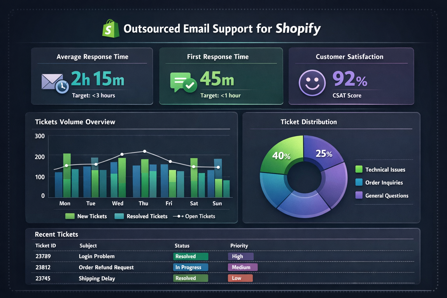  Dashboard showing outsourced email support for Shopify with response time metrics and ticket volume
