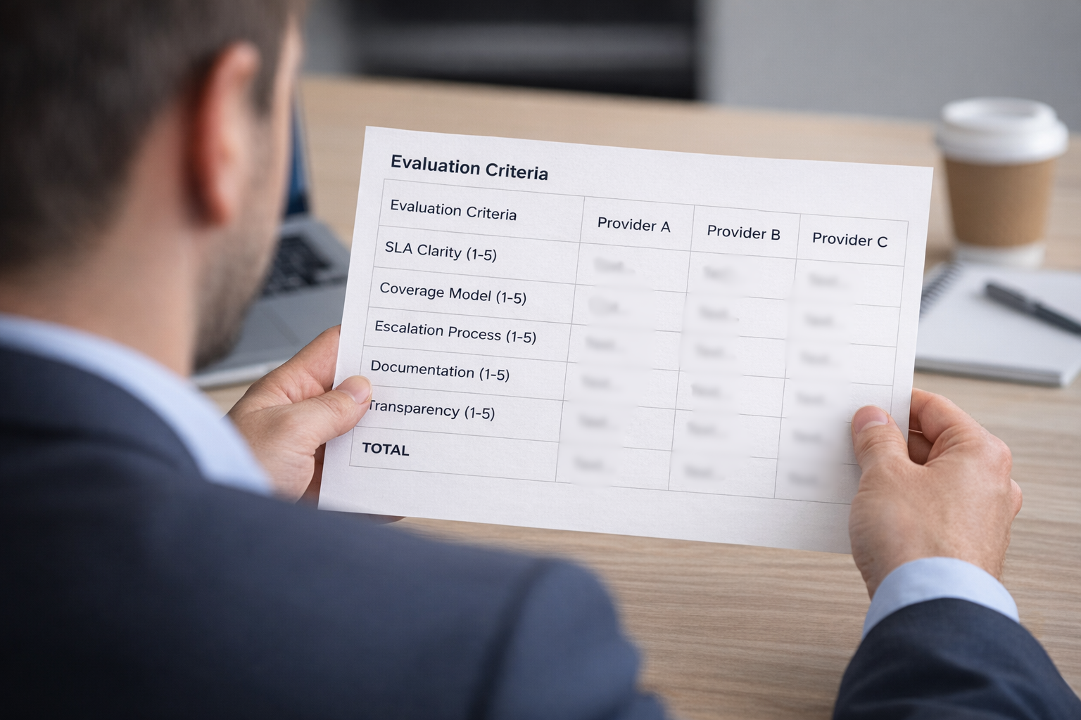 Business owner using scorecard to evaluate US-based customer support partner options