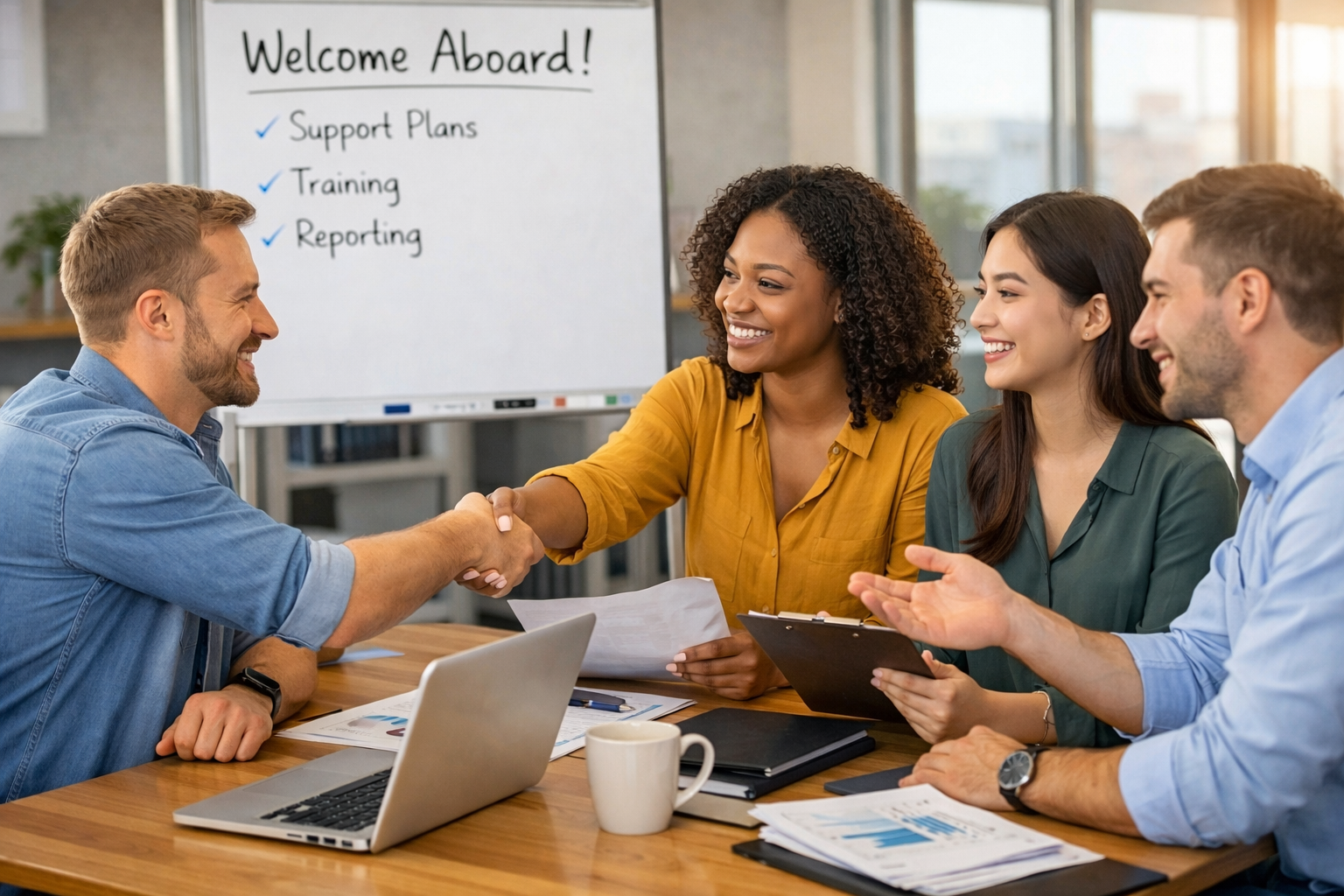 Small business owner onboarding with month-to-month customer support outsourcing agency team