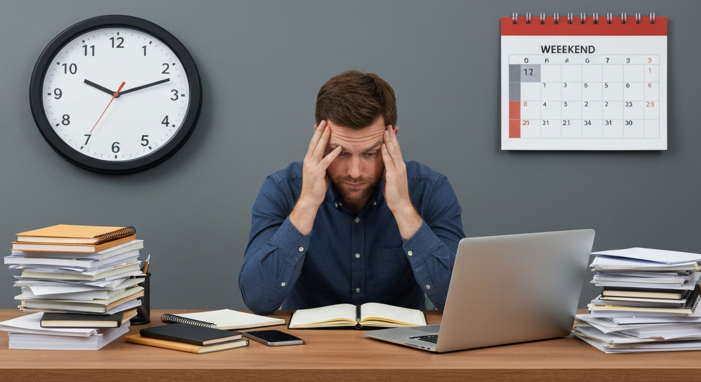 Entrepreneur overwhelmed by emails and tasks, illustrating lost productivity and challenges in achieving work-life balance for entrepreneurs.