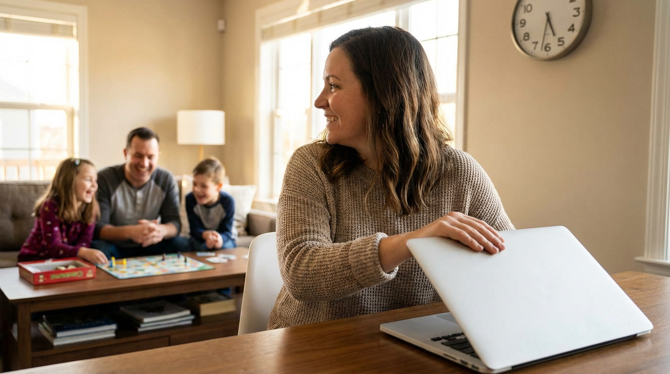Entrepreneur achieving work-life balance for entrepreneurs by closing laptop at a reasonable hour, enjoying family time in the background.