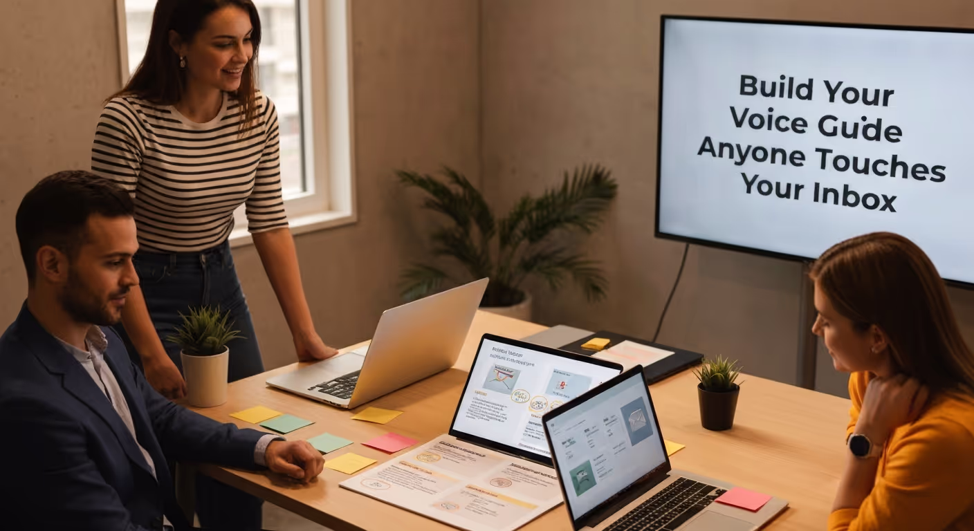 Build Your Voice Guide Before Anyone Touches Your Inbox – Brand Voice Review Session with a Customer Marketing team and a customer care service provider reviewing a brand voice guide with email tone examples and guidelines, featuring the keyword Build Your Voice Guide Before Anyone Touches Your Inbox