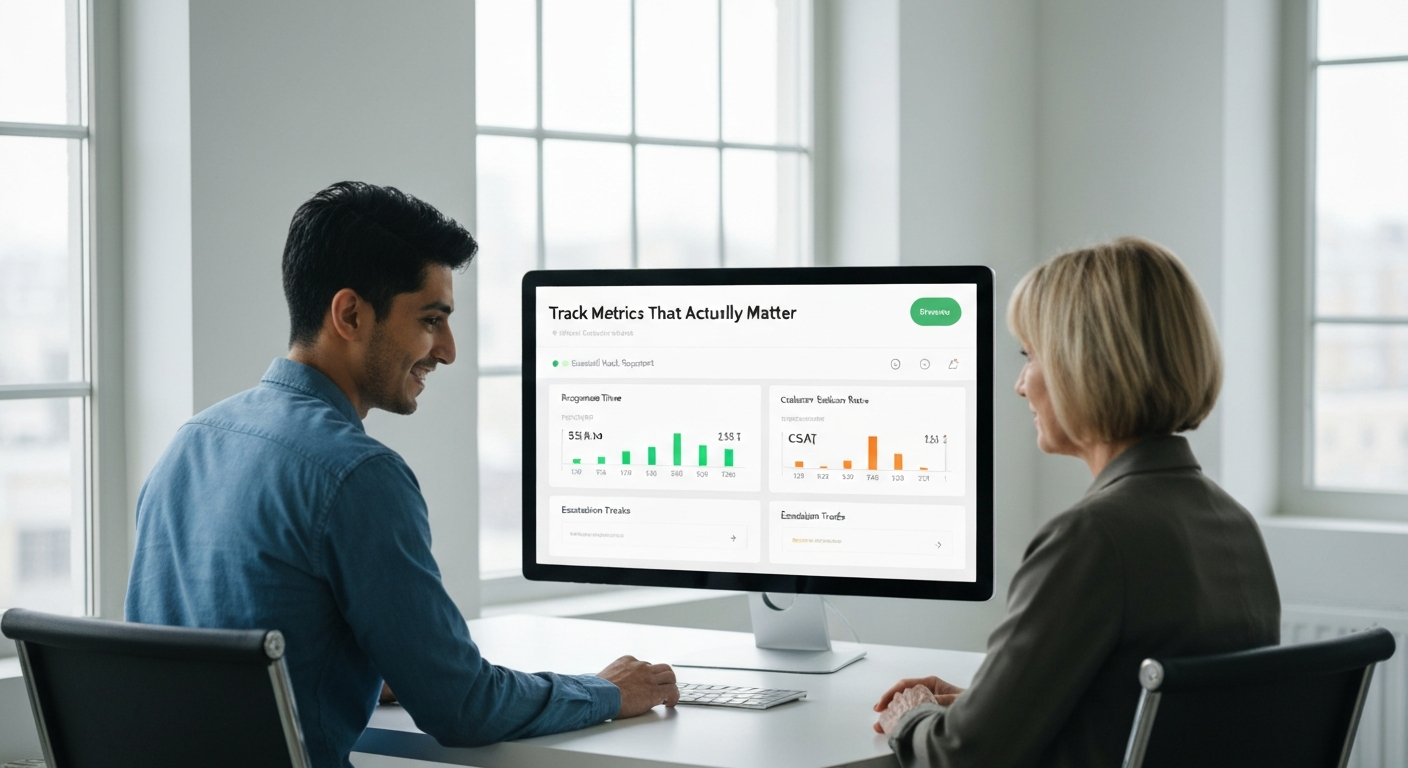 Track Metrics That Actually Matter — Support Performance Review Customer care service provider and business owner reviewing a dashboard labeled “Track Metrics That Actually Matter,” showing key support metrics like response time, resolution rate, and customer sati