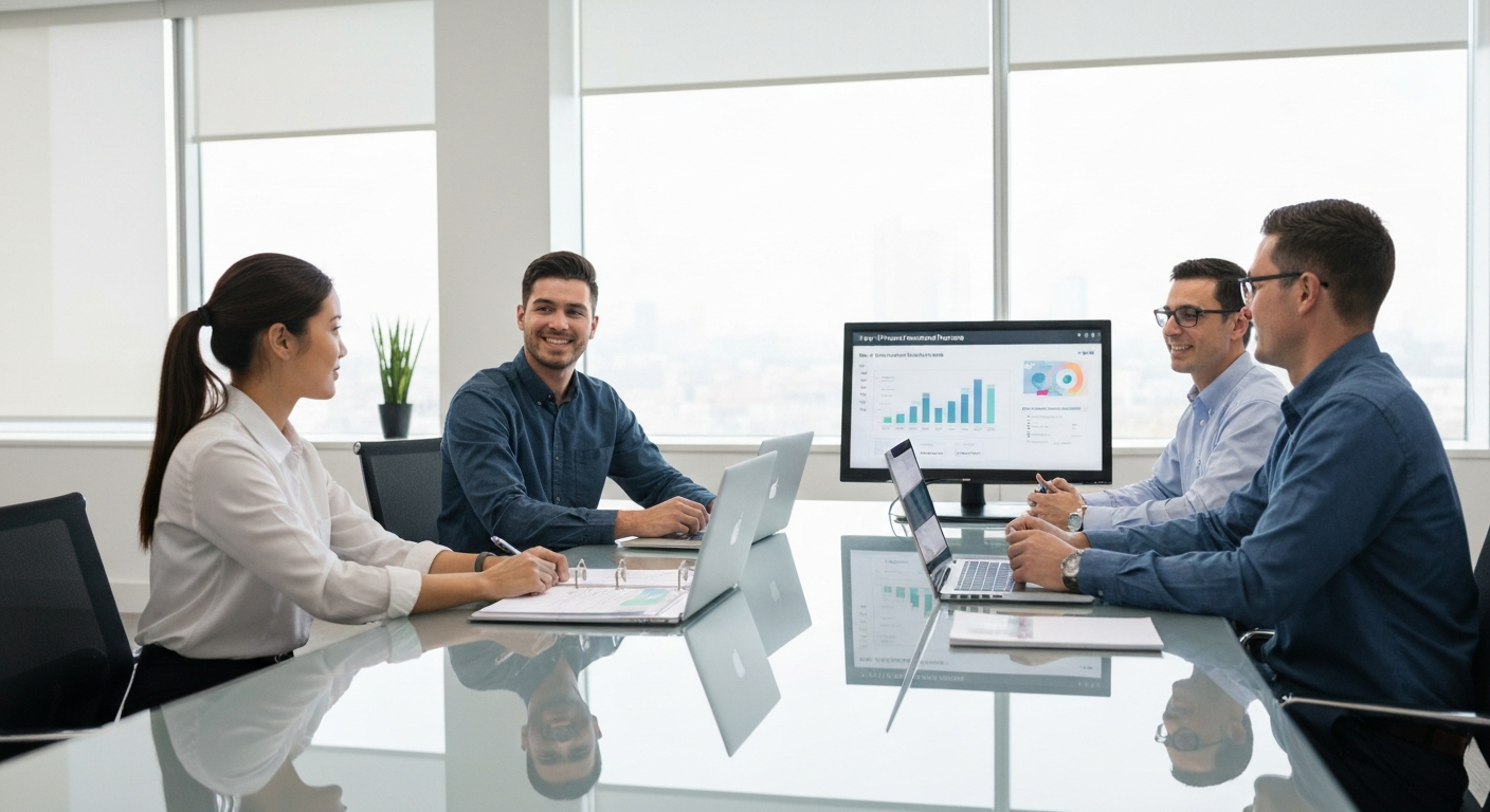 Making It Last Beyond Month One — Building a Sustainable Support Partnership Business owner collaborating with a customer care service provider while reviewing workflow and communication plan on a digital screen.