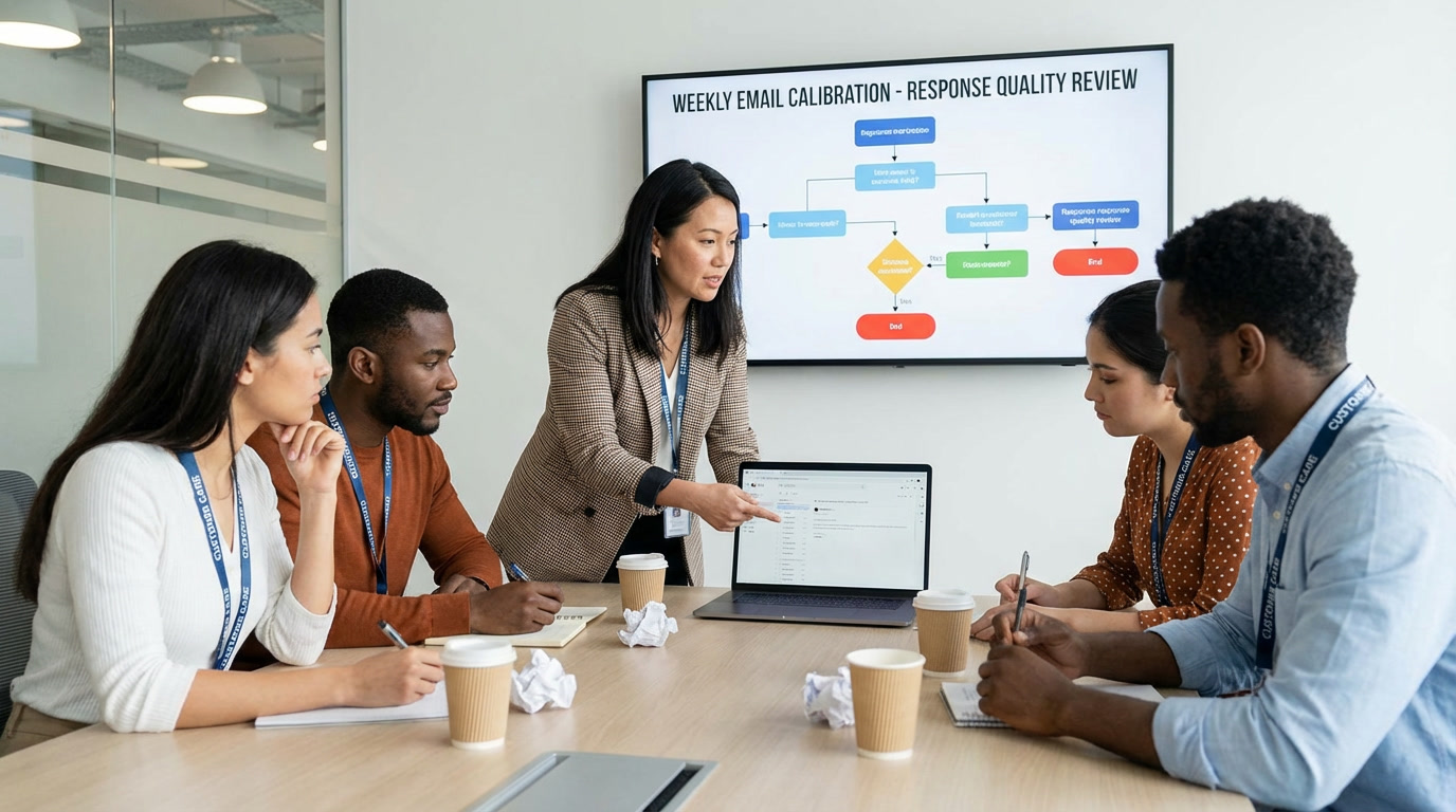 Small business owner collaborating with customer care service provider team during weekly email support calibration session reviewing response quality