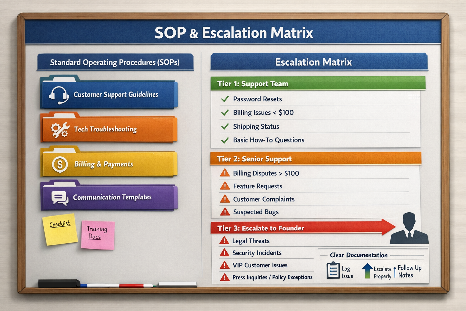 Organized customer support agency documentation system showing SOPs and escalation matrix
