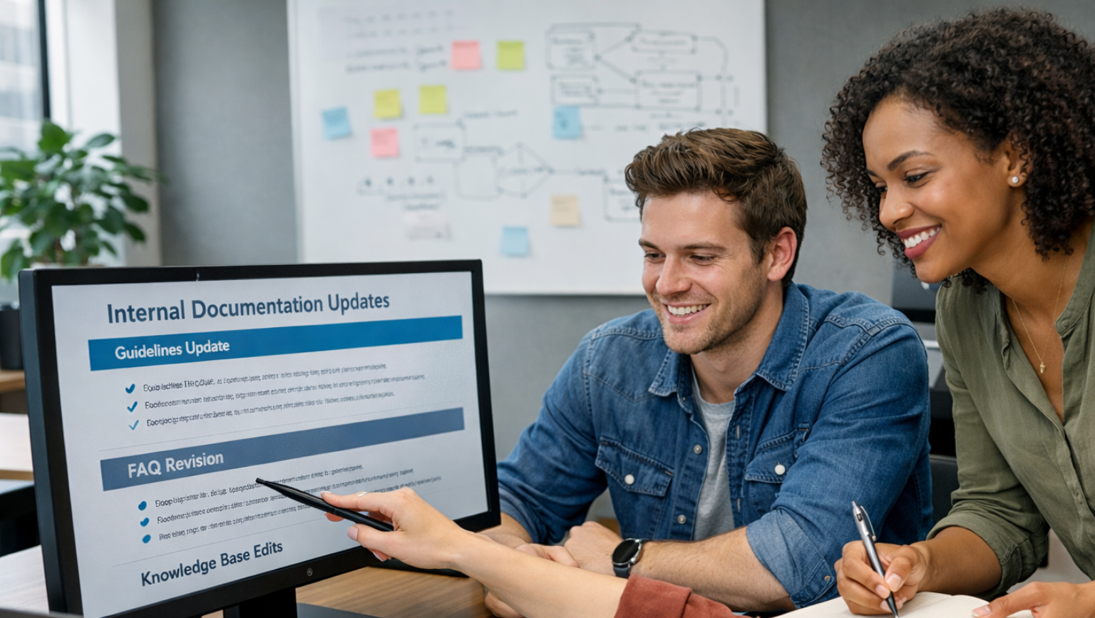 Customer support agency team members collaborating on internal documentation maintenance