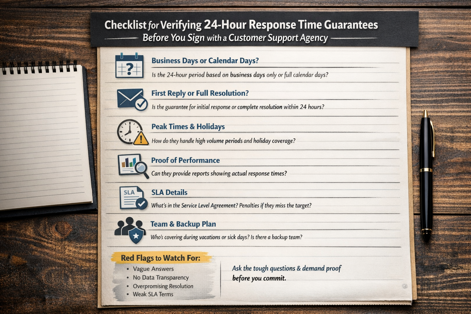 Customer Support Agency Response Time Verification Checklist Checklist for verifying customer support agency 24-hour response time guarantees before signing