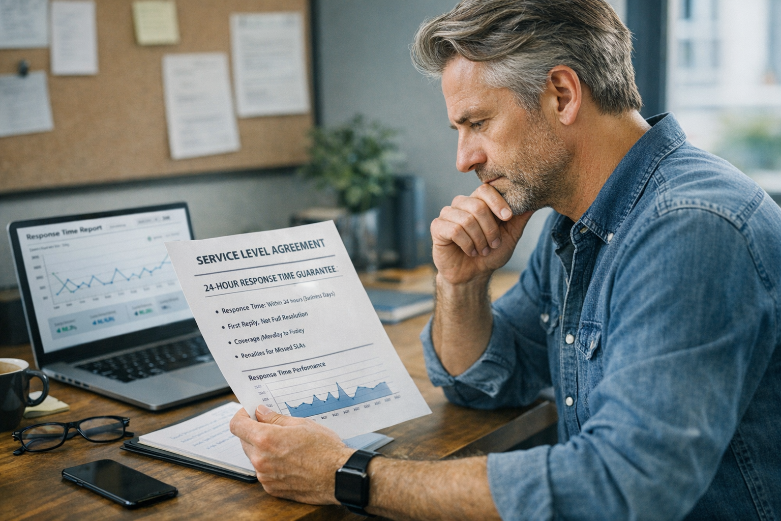Reviewing Customer Support Agency SLA Documentation Business owner reviewing customer support agency SLA documentation for 24-hour response time guarantee