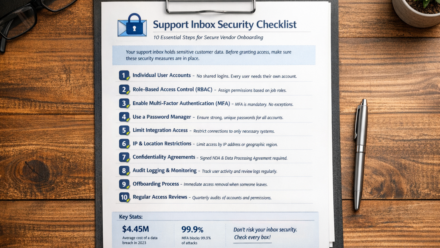 Security checklist document showing support inbox security requirements for vendor onboarding