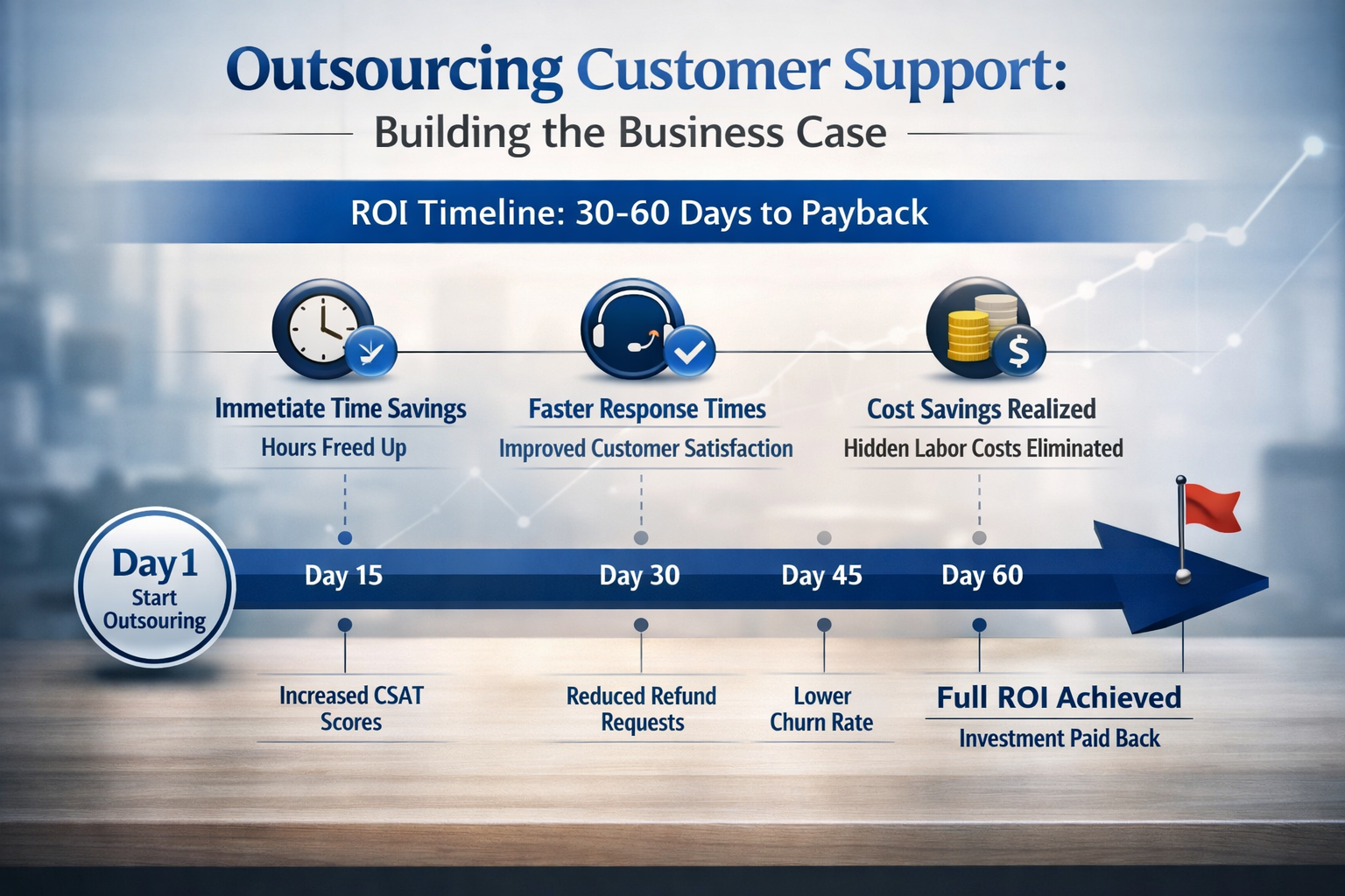 ROI Timeline Chart for Customer Support Outsourcing Business Case Timeline showing 30-60 day ROI period when building a business case for outsourcing customer support