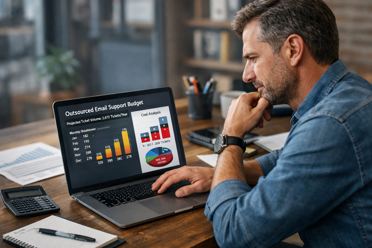 Business owner reviewing budgeting for outsourced email support on laptop with financial charts