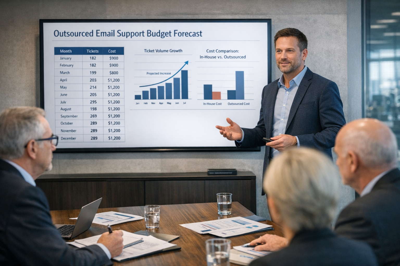 Business professional presenting budgeting for outsourced email support to executives Founder presenting budgeting for outsourced email support forecast to CFO and board members