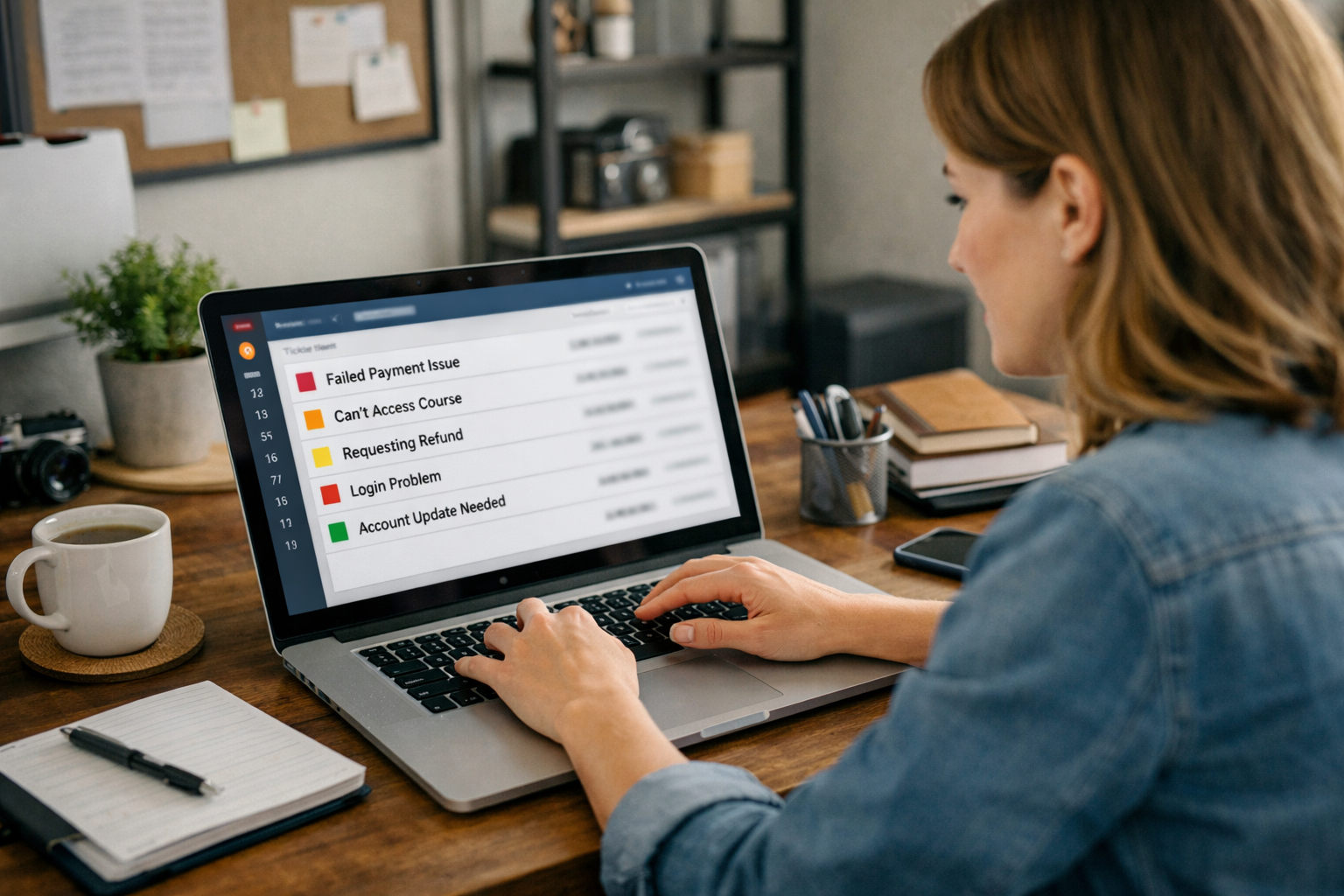 Course creator managing membership email support tickets at desk with laptop showing customer service dashboard