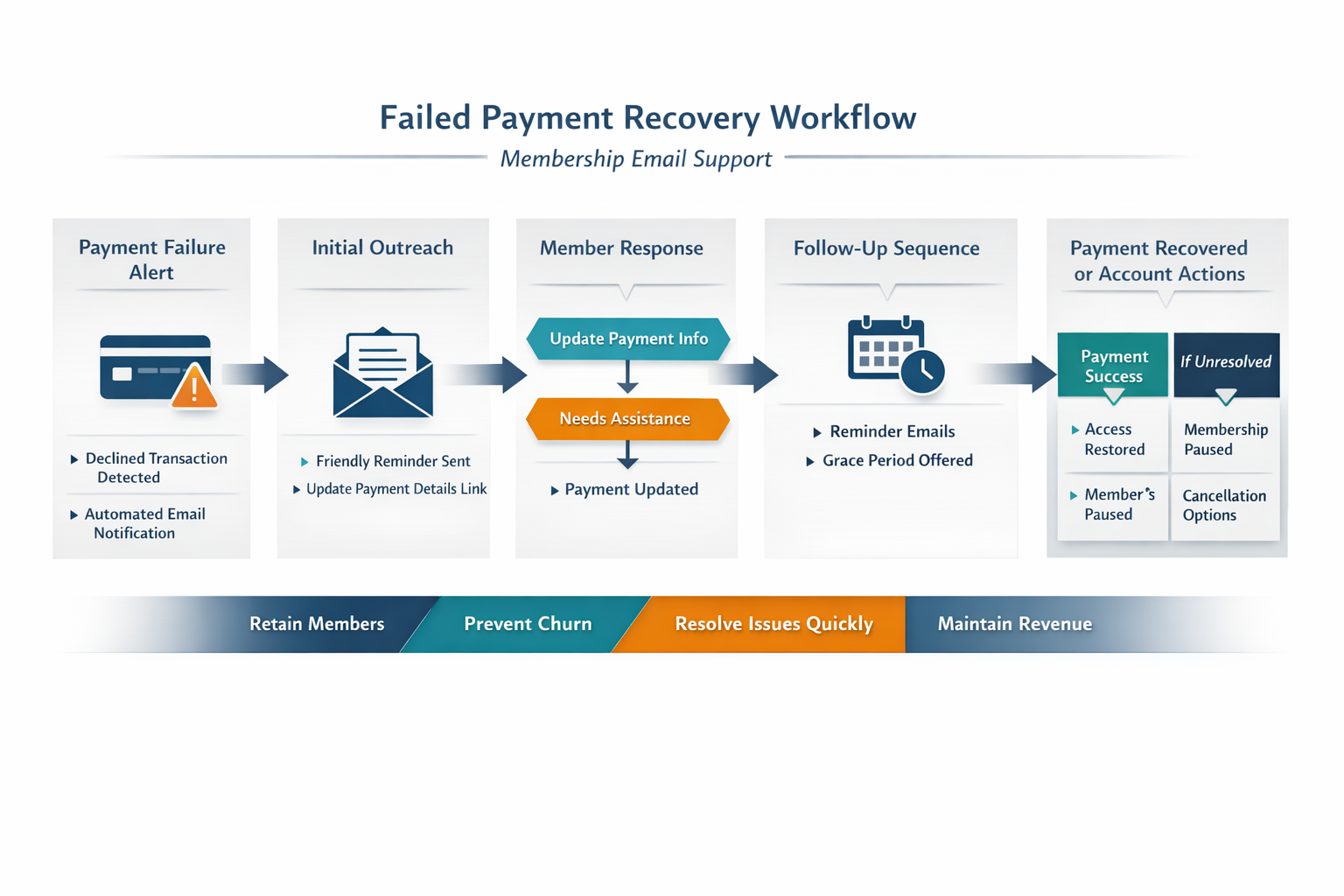Failed Payment Recovery Workflow for Membership Support Visual workflow diagram showing membership email support process for recovering failed payments