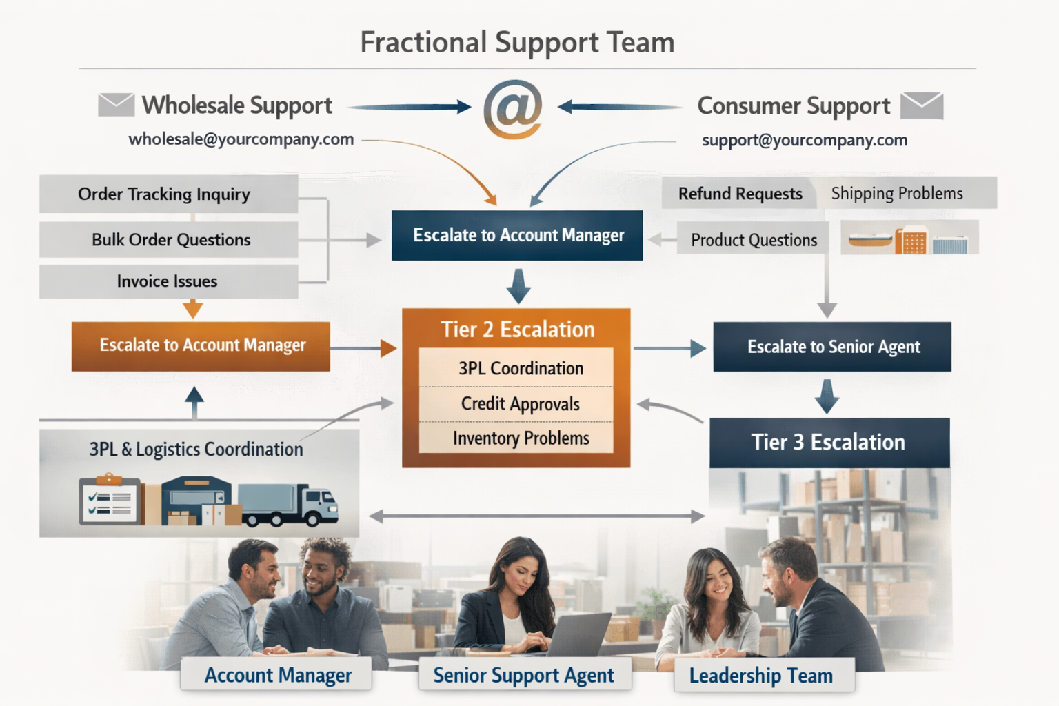 Workflow showing fractional support team handling wholesale email support and consumer tickets with escalation paths