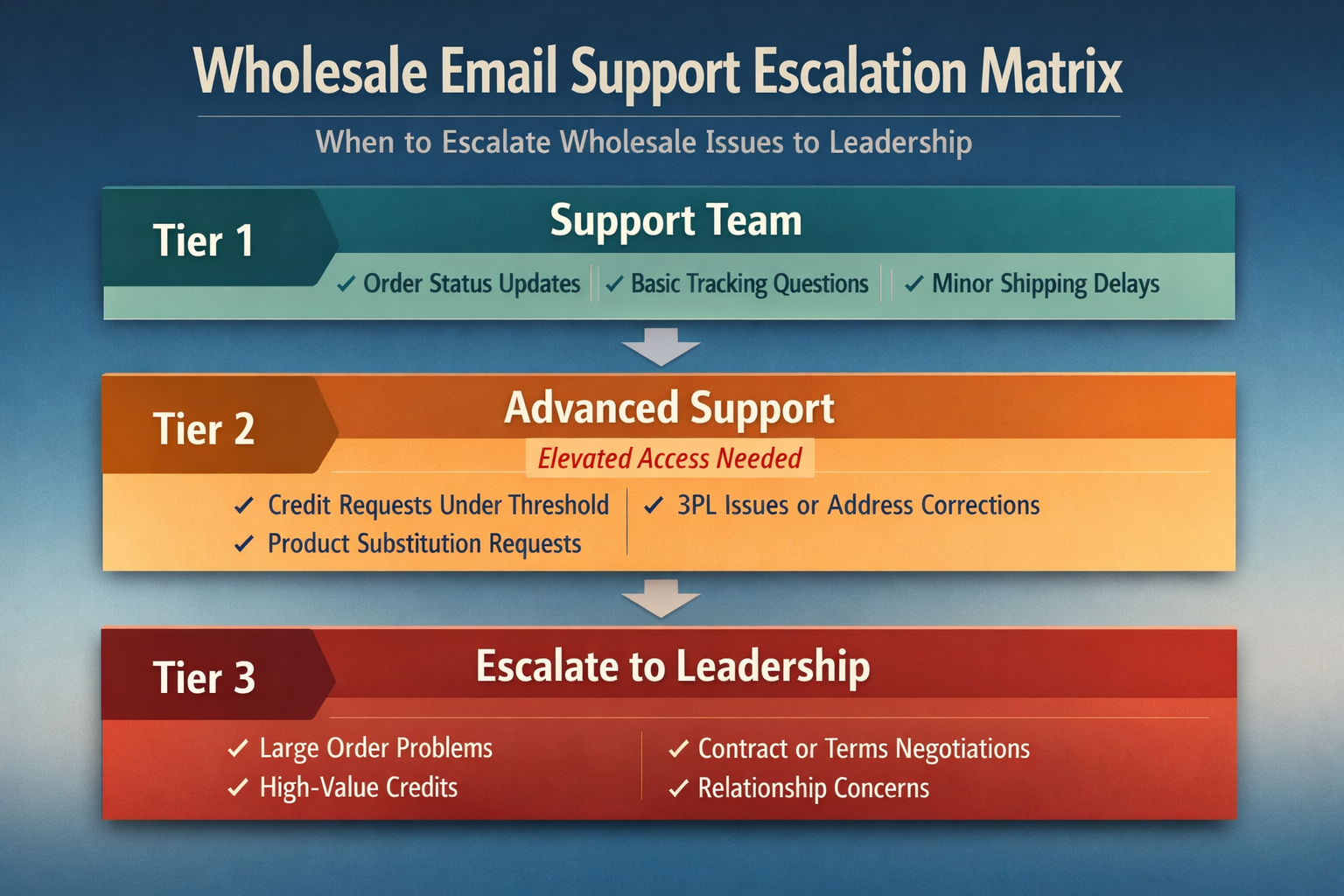 Three-tier escalation matrix showing when wholesale email support issues need leadership attention