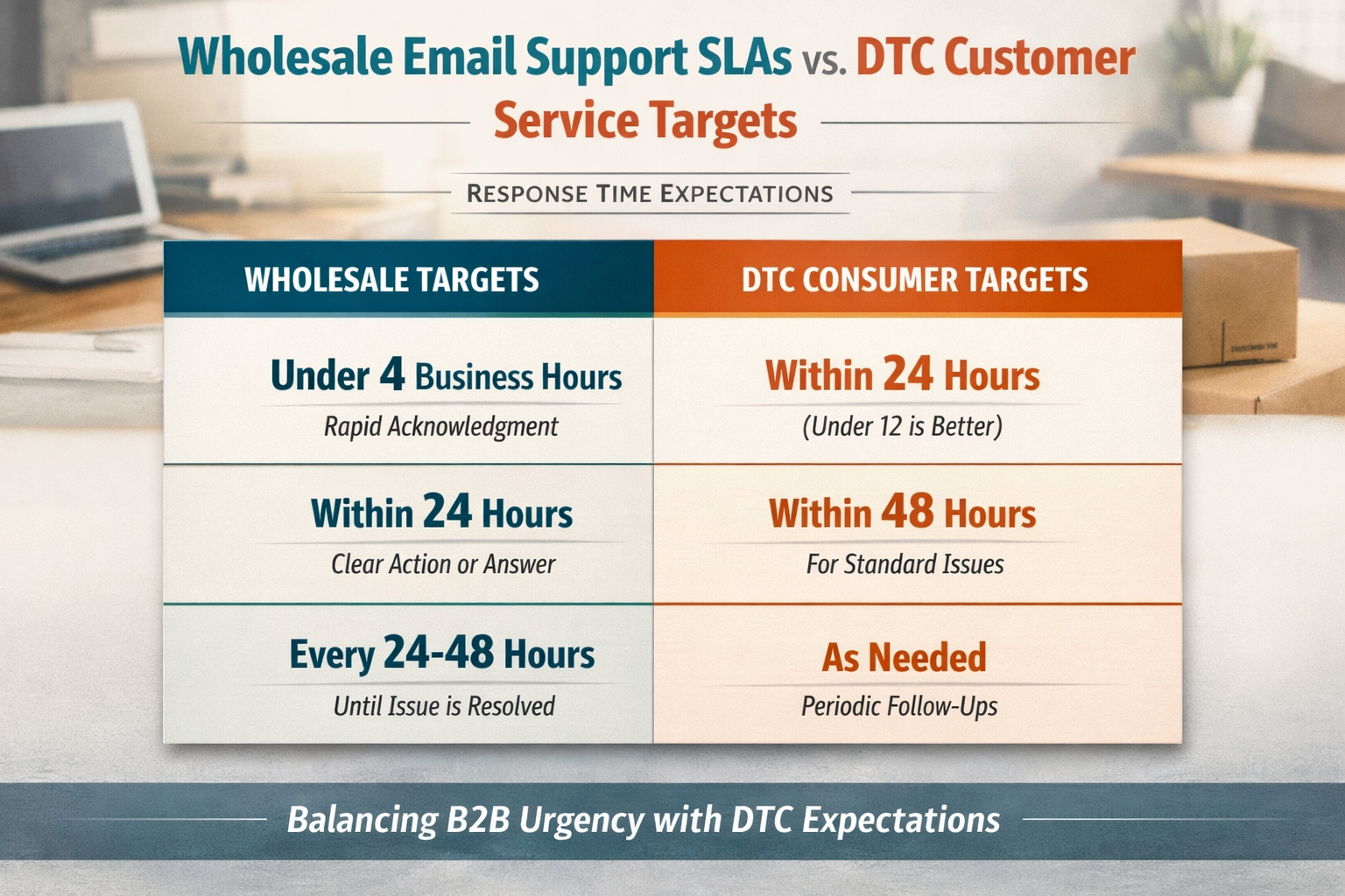 Chart comparing wholesale email support response time SLAs versus DTC customer service targets