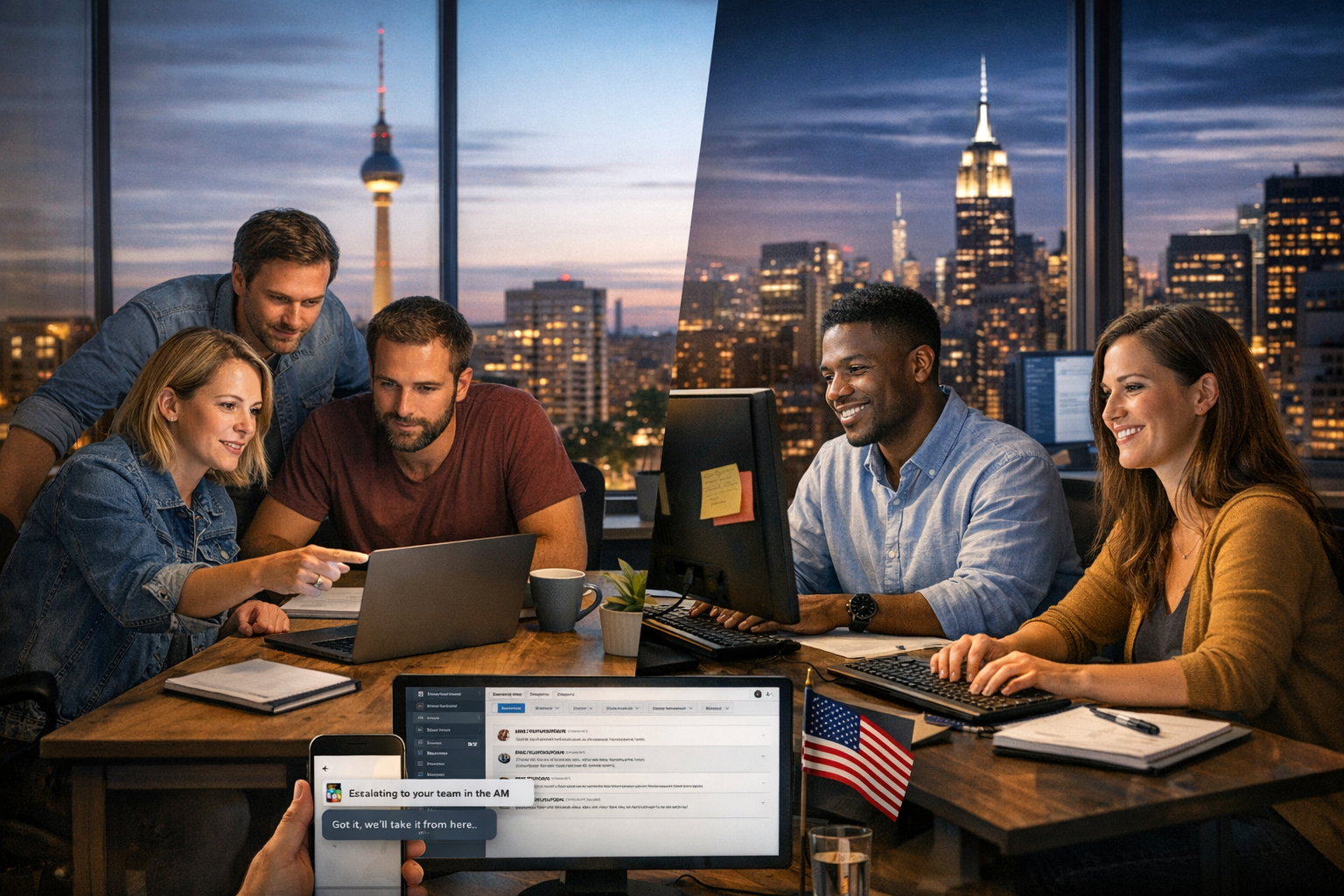 EU-based SaaS team collaborating with US-hours email support partner to serve American customers