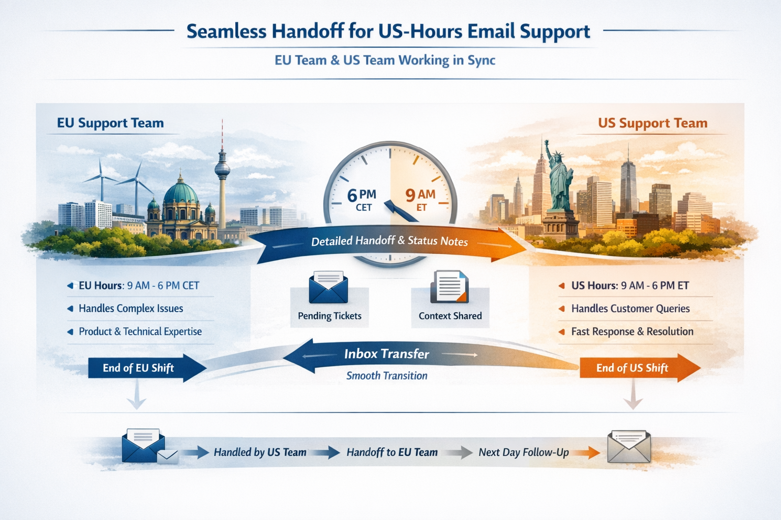 US-Hours Email Support Handoff Workflow Between Teams Workflow diagram showing seamless handoff process for US-hours email support between US and EU teams