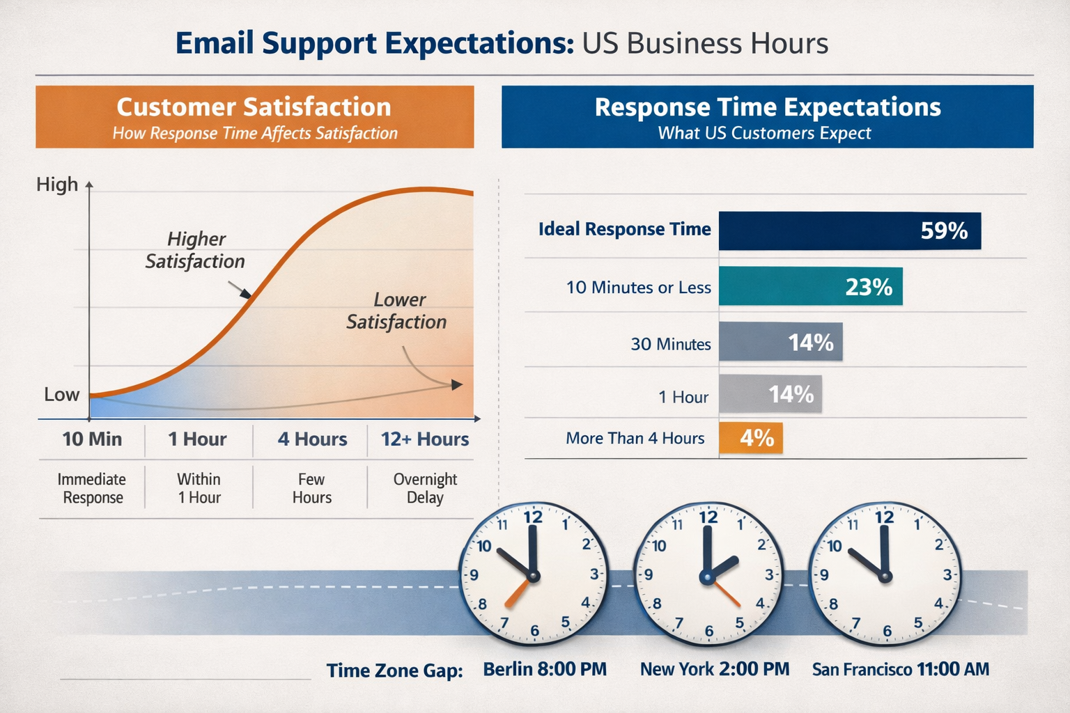 Customer Response Time Expectations for US-Hours Email Support Chart comparing customer satisfaction and response time expectations for US-hours email support