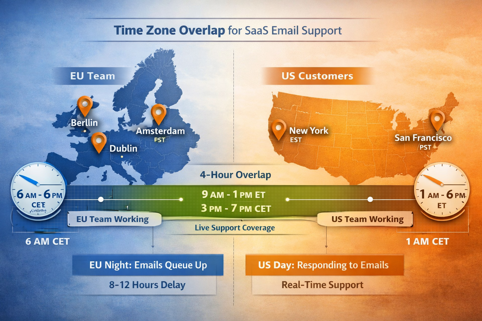 Time Zone Coverage Map for US-Hours Email Support Visual map showing time zone overlap between EU and US for SaaS email support coverage