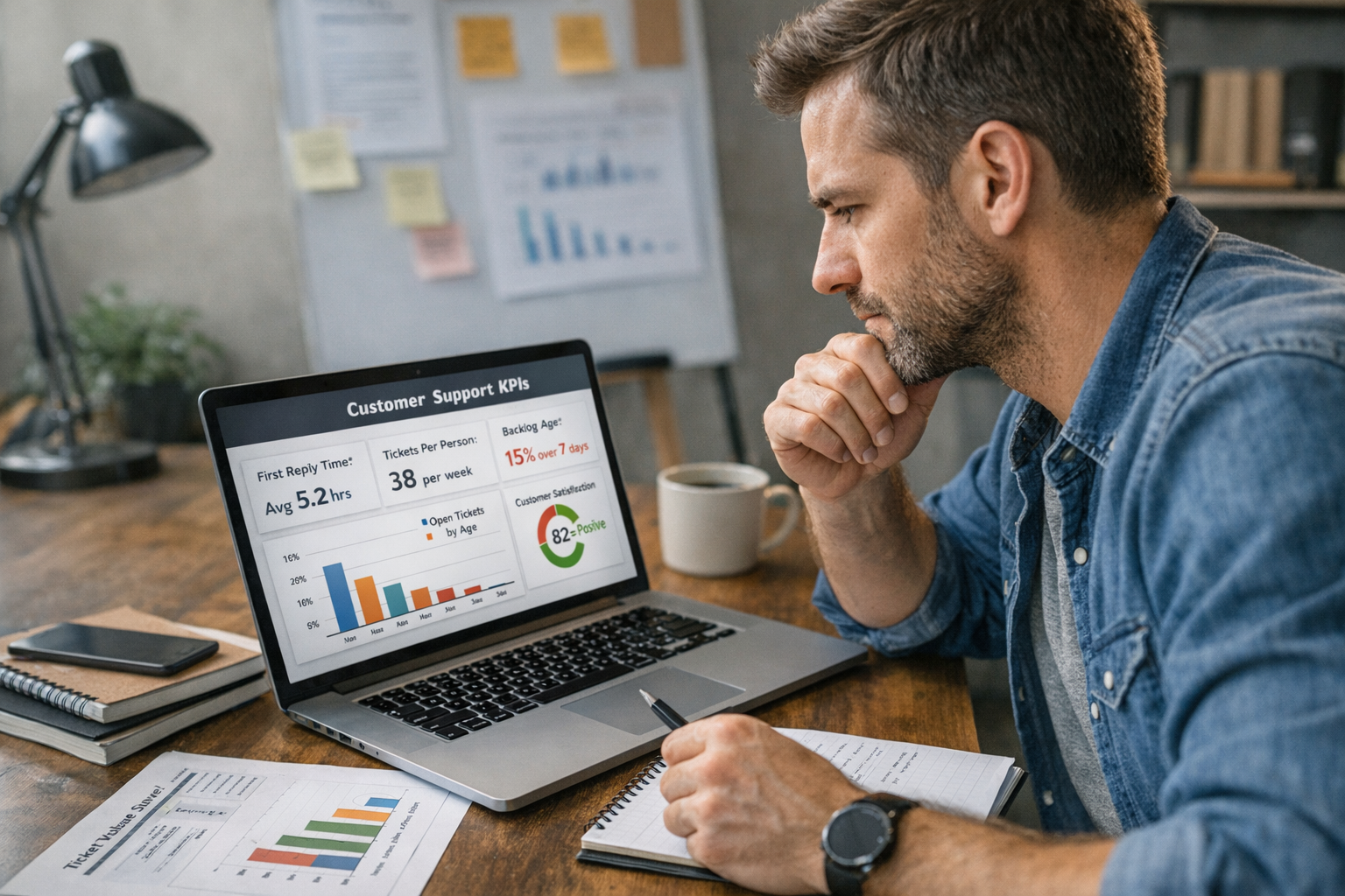 Small team founder reviewing customer support KPIs and metrics on laptop to determine when to outsource