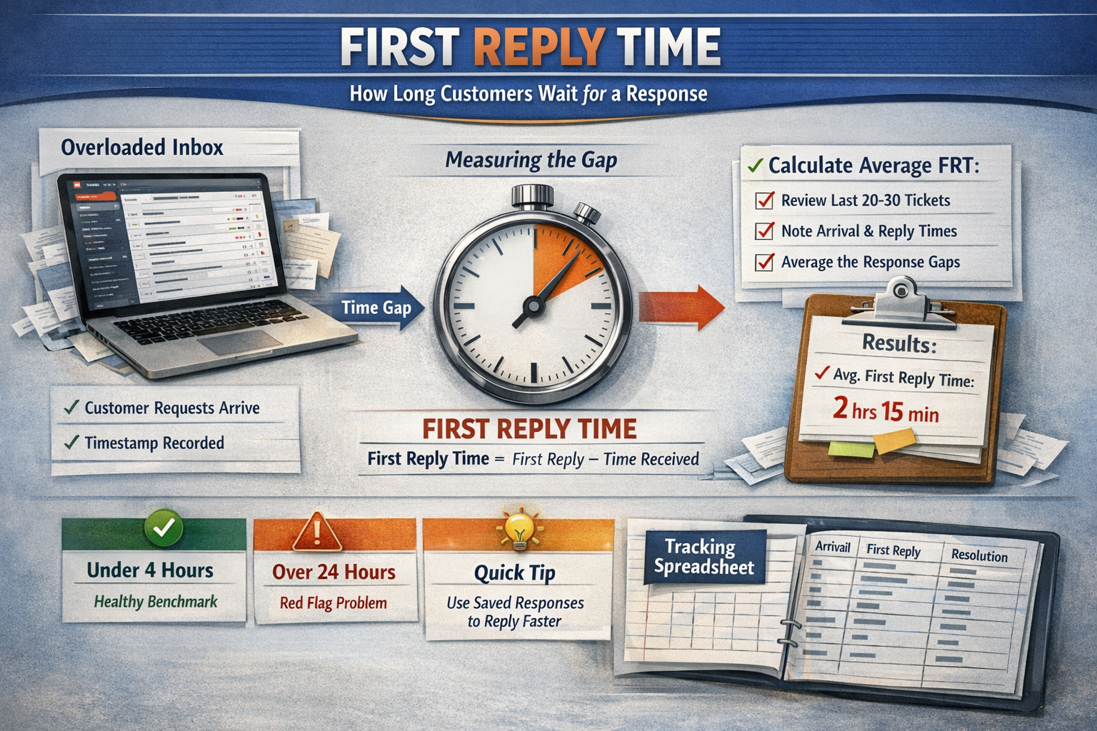First Reply Time Calculation for Customer Support Teams Illustration of first reply time customer support KPI measurement and calculation process