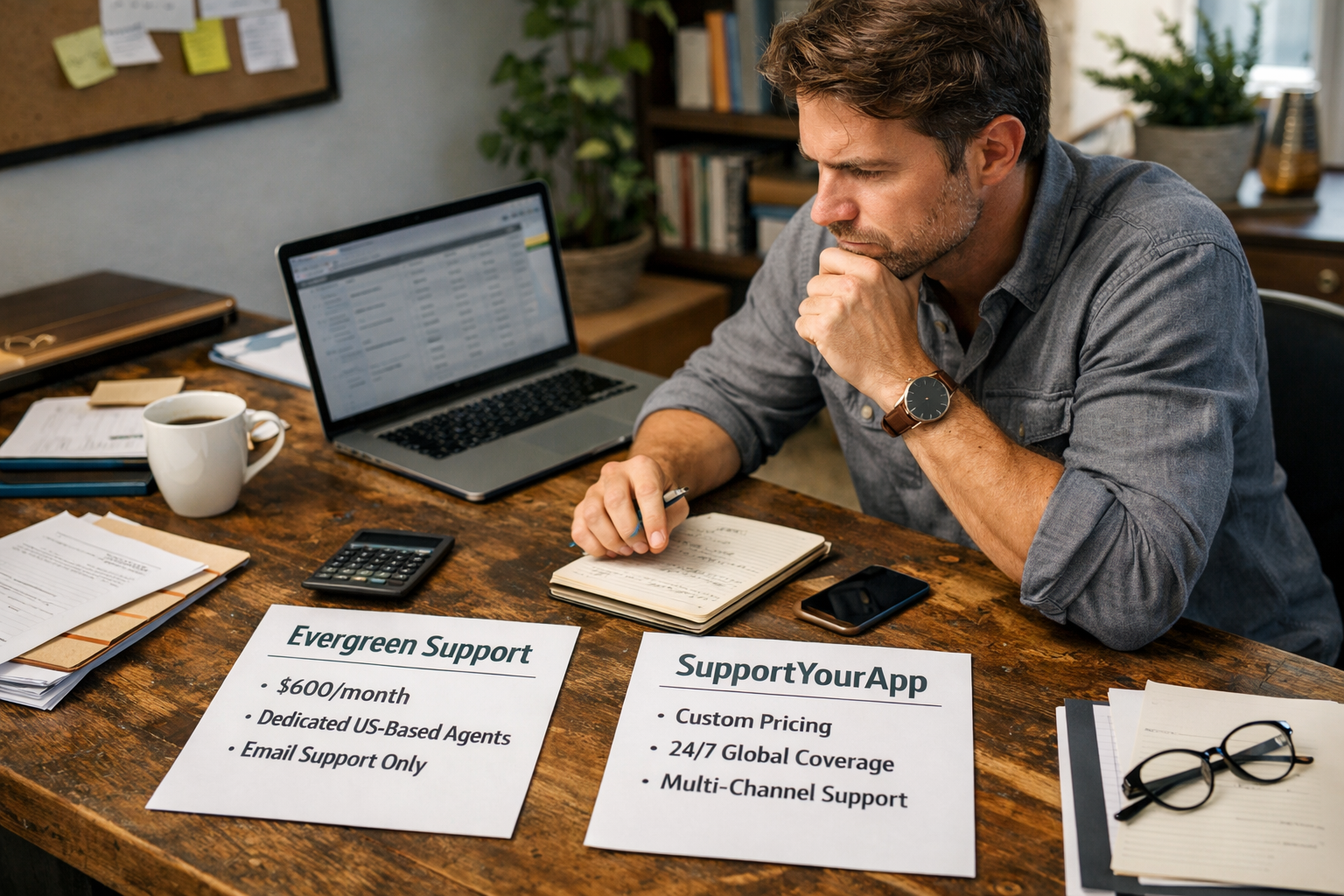Small business founder evaluating email support service pricing between boutique and enterprise providers