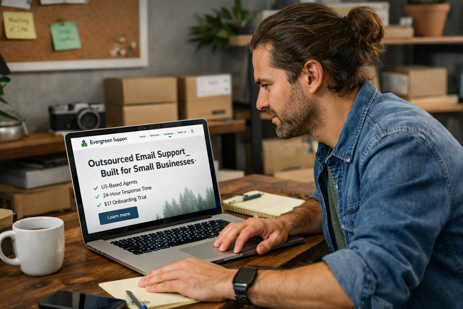 Small business founder reviewing outsourced email support options on laptop for SaaS or ecommerce company