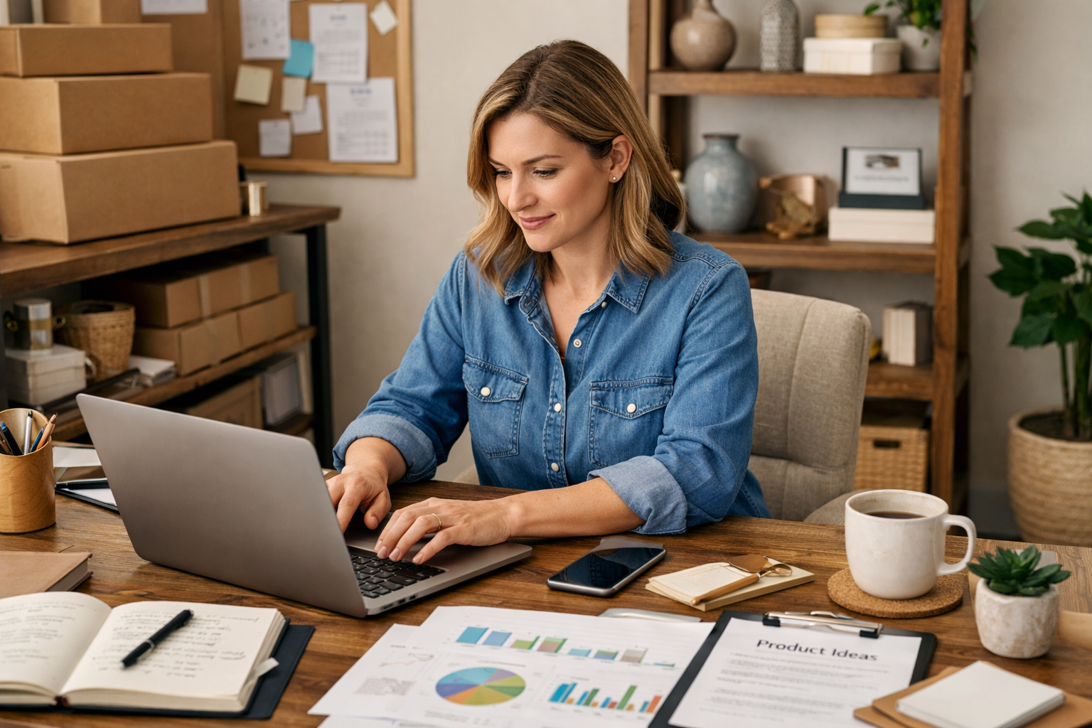 E-commerce founder working strategically on laptop with organized workspace after outsourcing email support