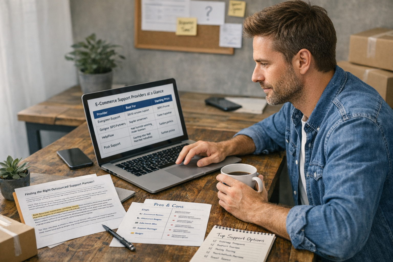 E-Commerce Business Owner Evaluating Outsourced Customer Support Partners E-commerce brand owner reviewing outsourced customer support options on laptop.