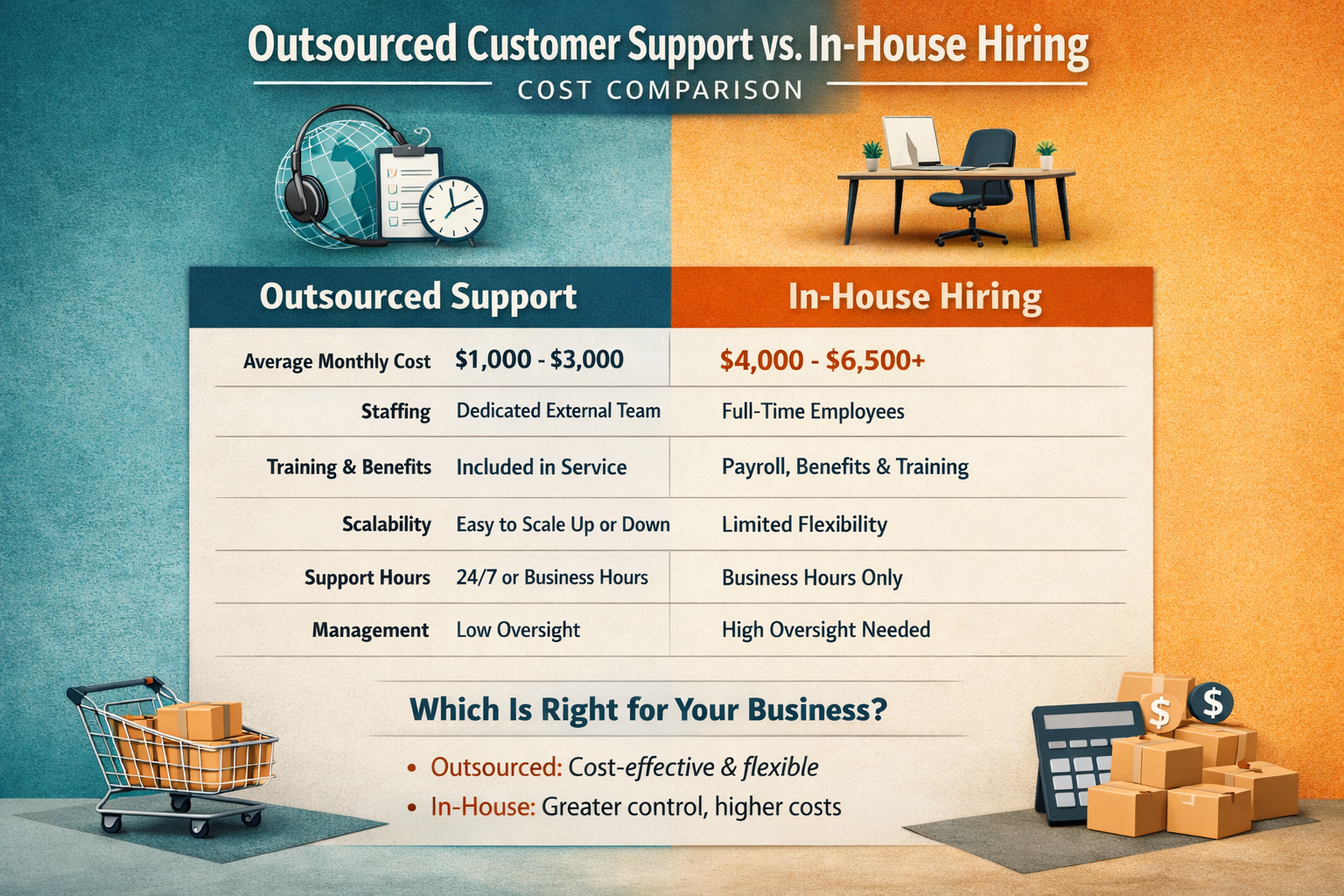 Cost Breakdown of Outsourced vs In-House Customer Support for E-Commerce Chart comparing costs of outsourced customer support versus in-house hiring for e-commerce