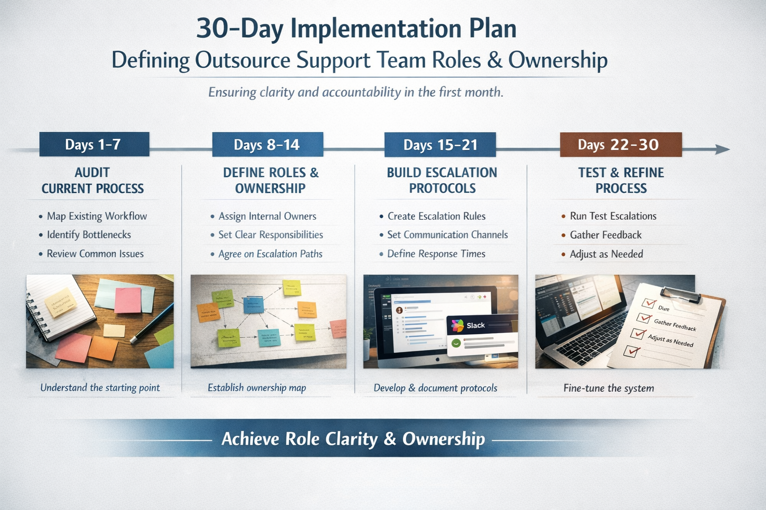 First 30 days implementation timeline for outsource support team roles Timeline showing 30-day implementation plan for defining outsource support team roles and ownership